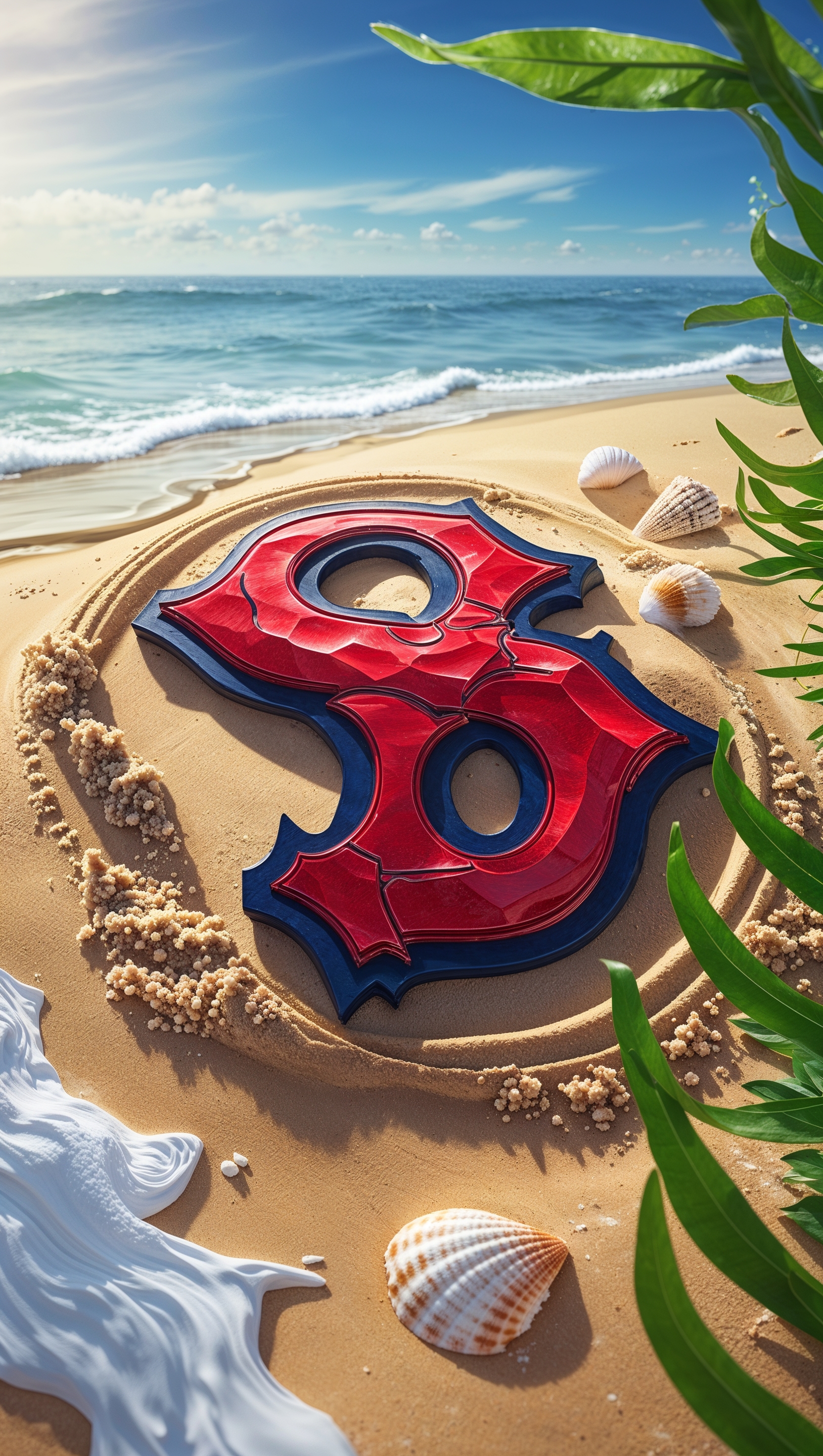 Red Sox logo drawn in beach sand