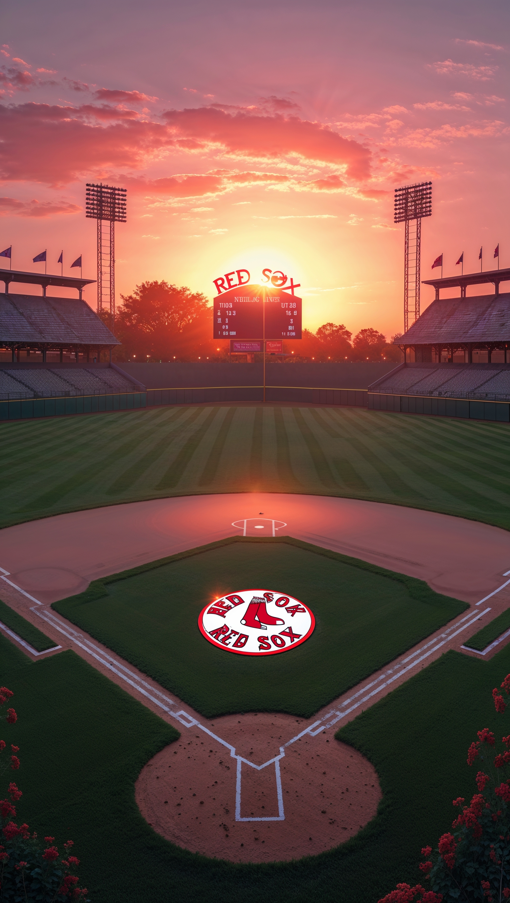 Red Sox at the center of a baseball field at sunset, artistic view