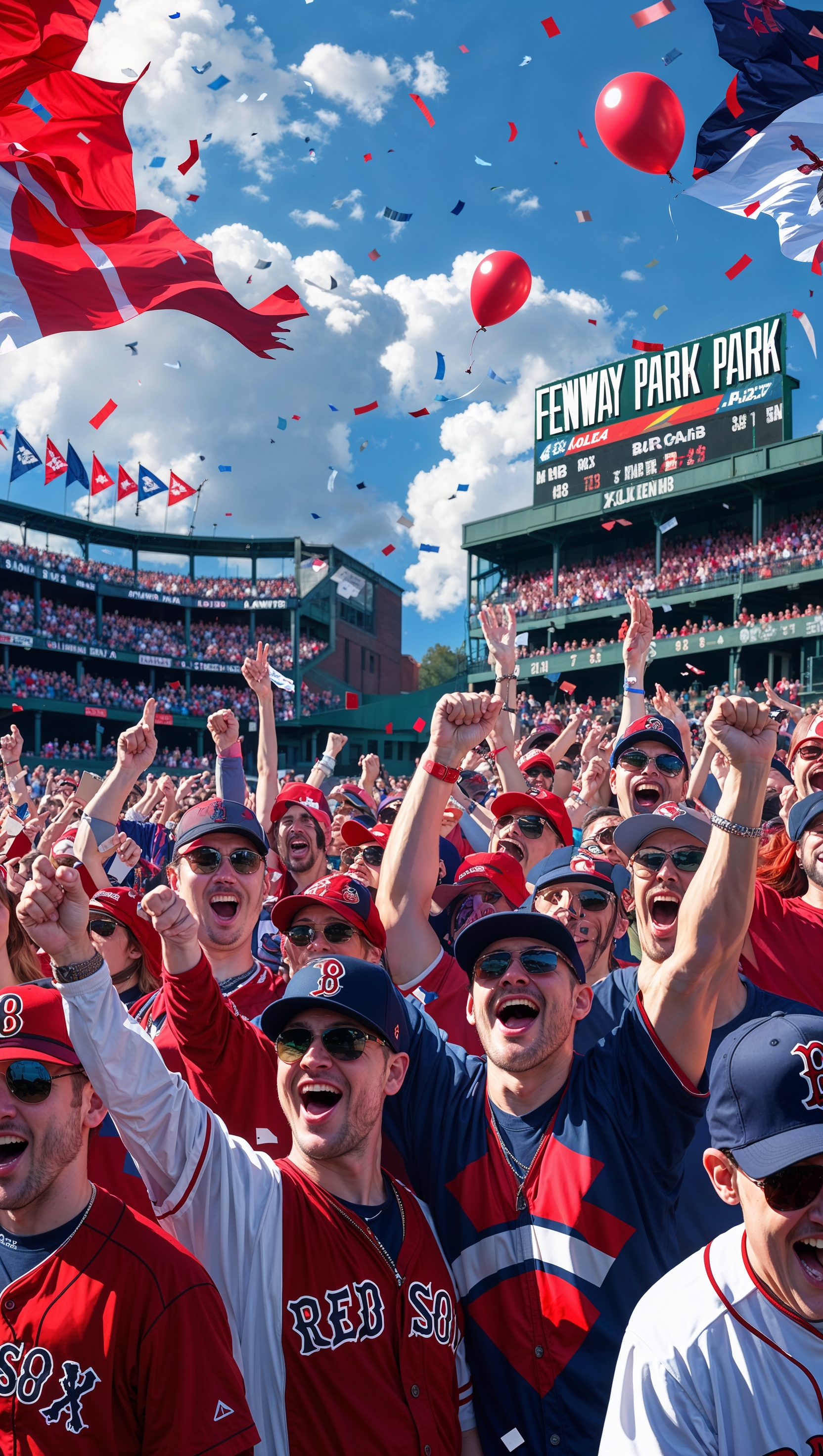 Crowded background with Red Sox fans cheering
