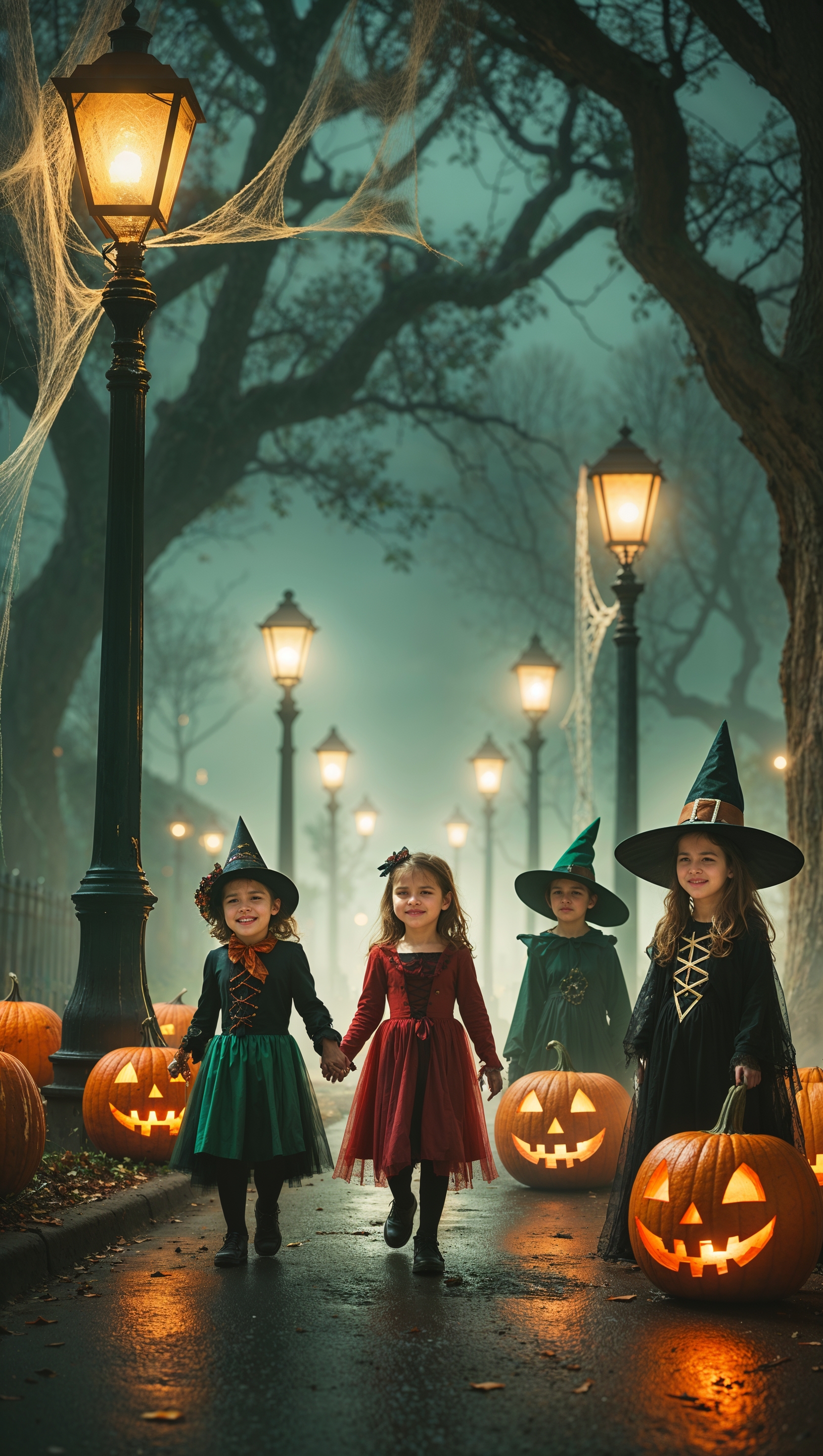 Vintage-style Halloween night street, kids in old costumes, nostalgic colors