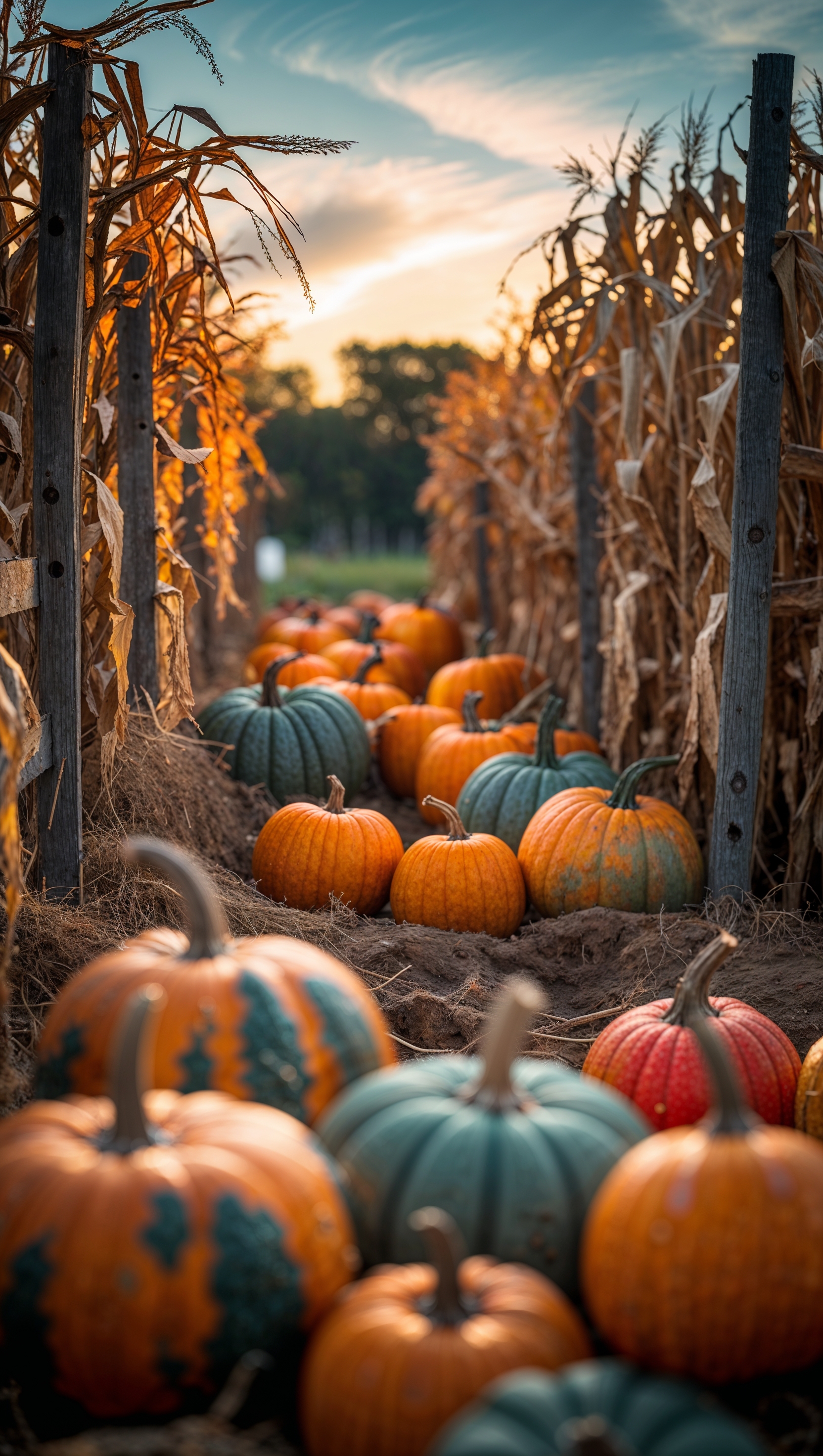 Pumpkin patch at sunset, retro Halloween colors, soft vintage blur