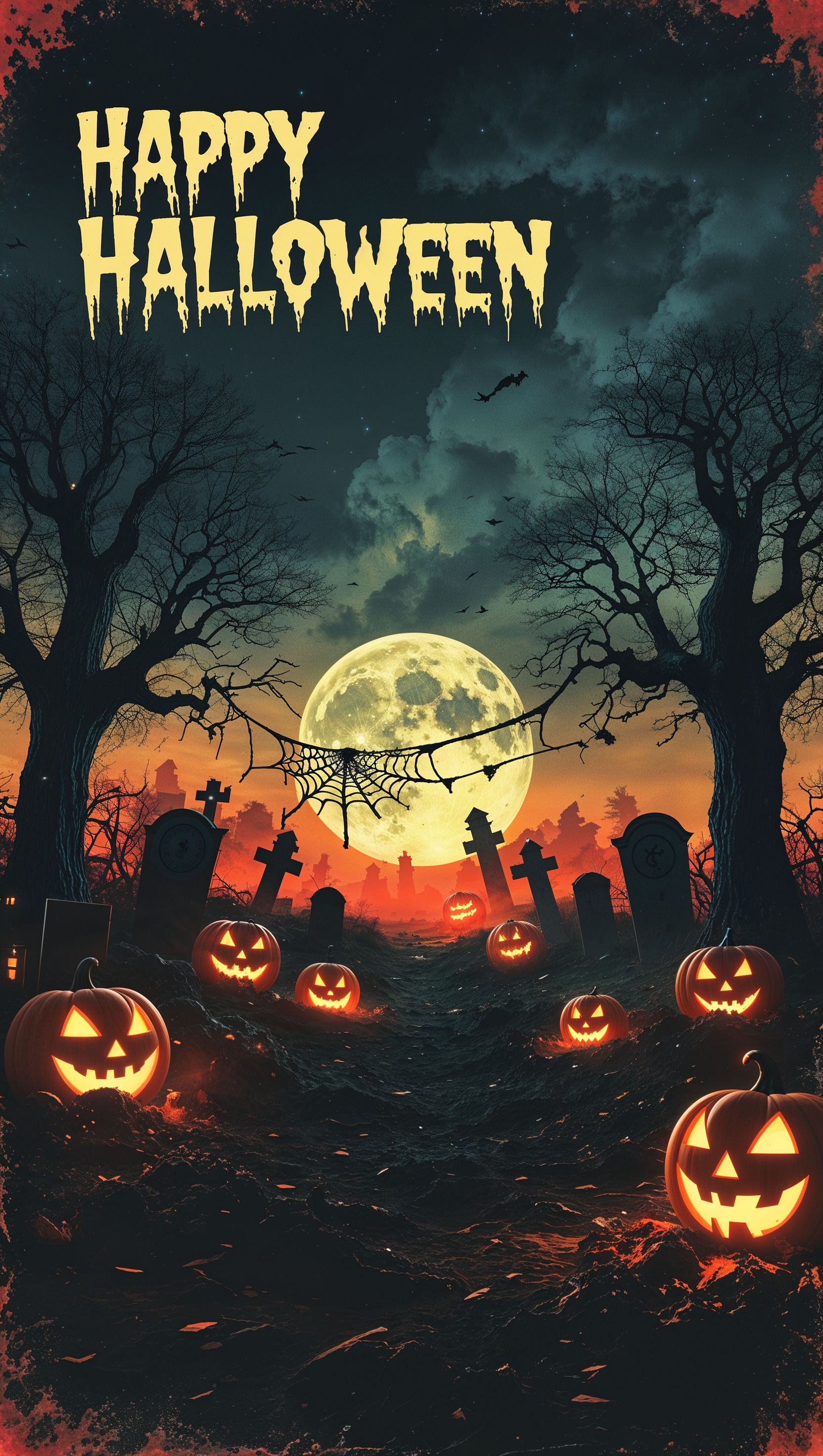 Classic 80s Halloween scene, vintage horror vibe, retro color palette, iPhone wallpaper
