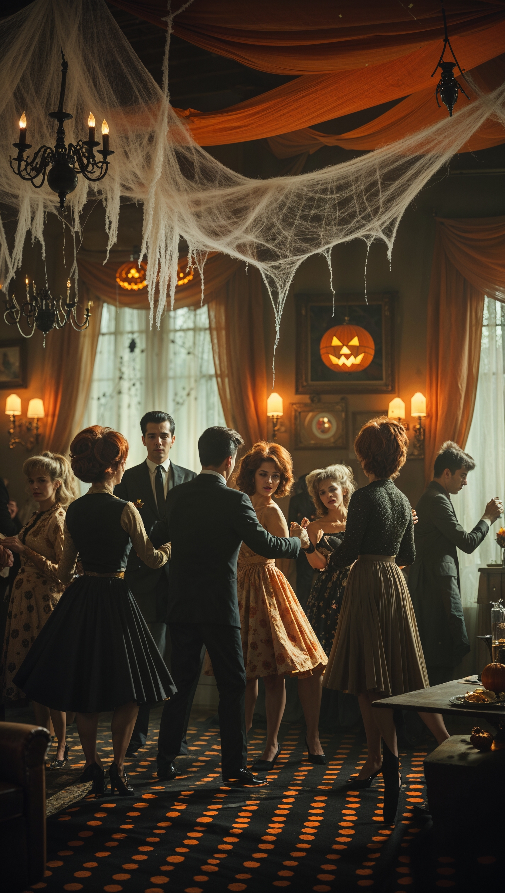 Vintage Halloween party from the 60s, spooky decorations, soft lighting