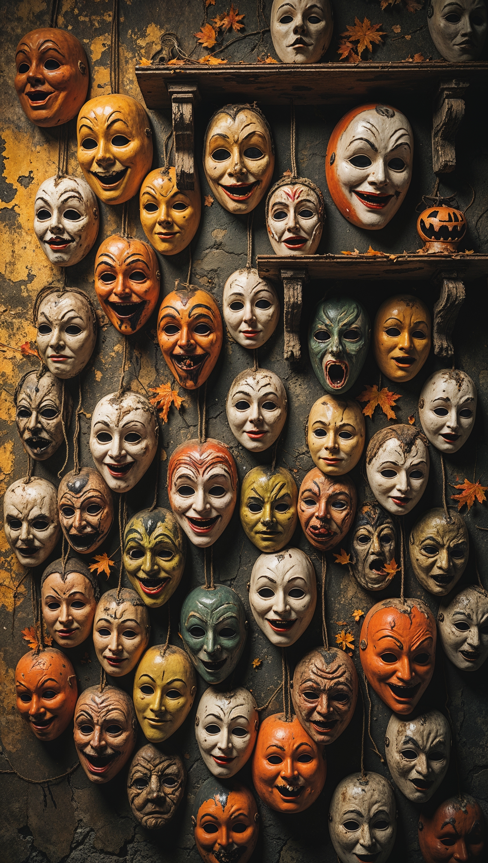 1950s Halloween mask collection, spooky and vintage, wallpaper