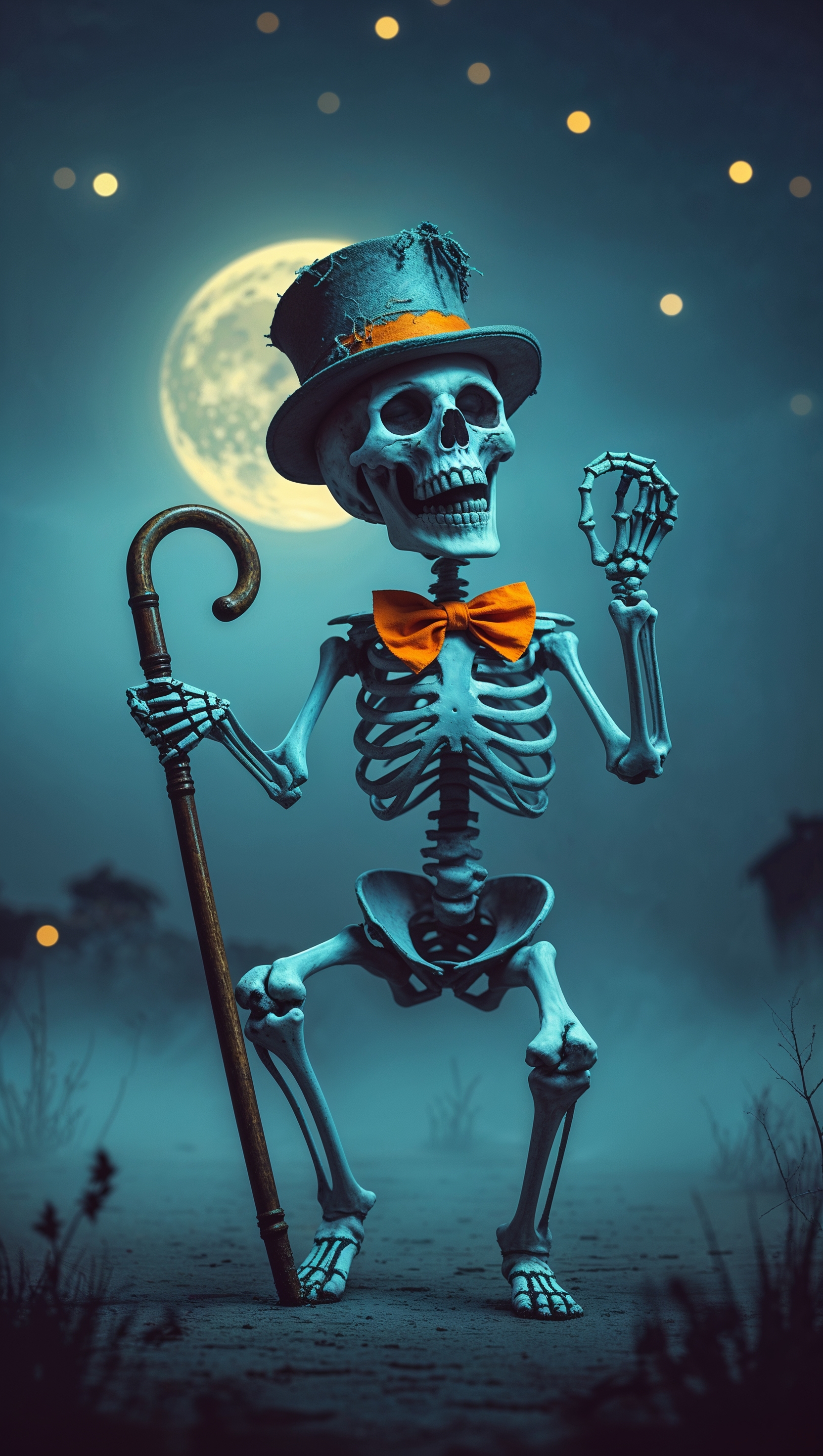 Retro Halloween skeleton dancing under moonlight, grainy film style
