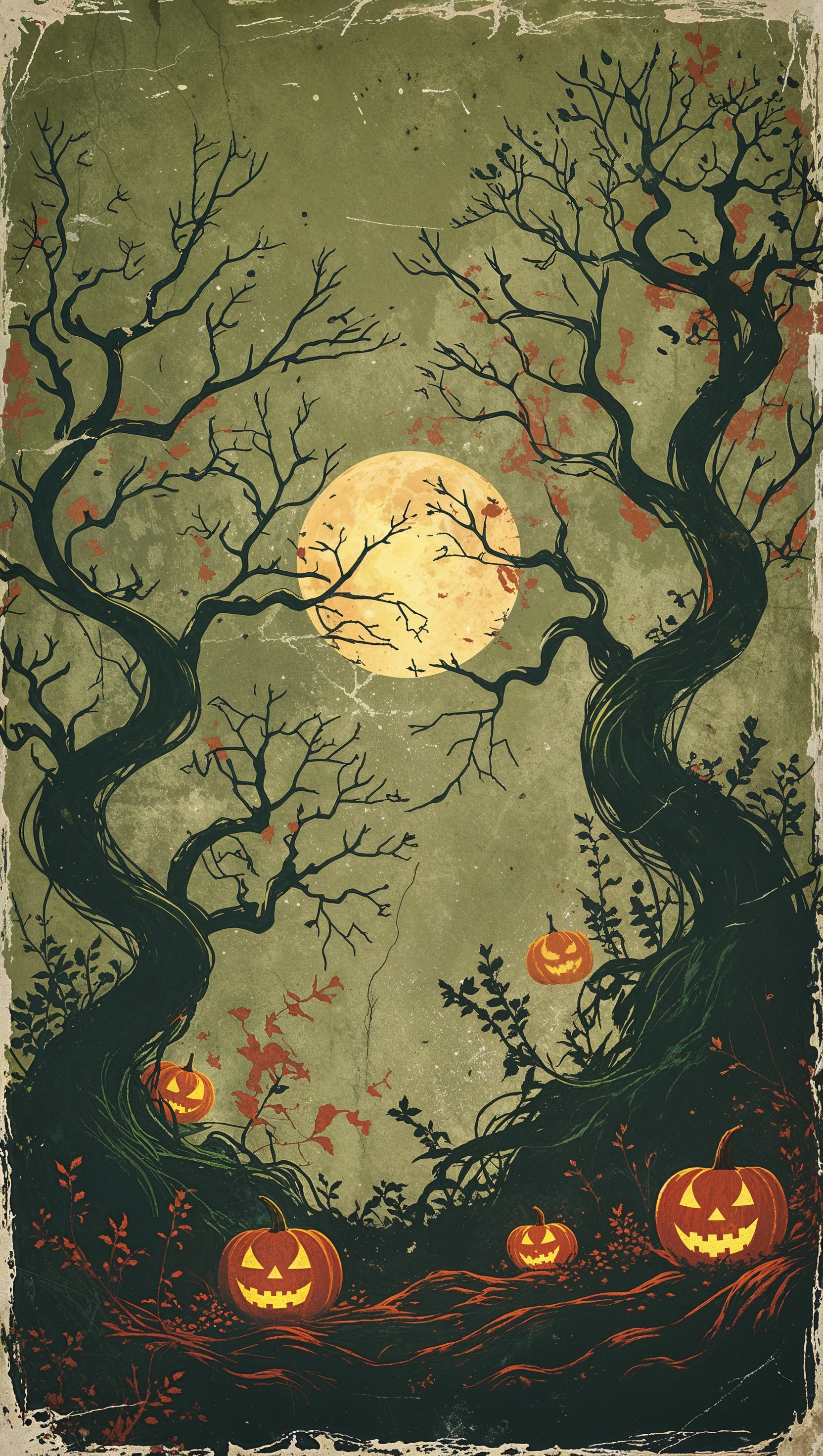 Witchy forest in vintage postcard style, Halloween vibes, retro wallpaper