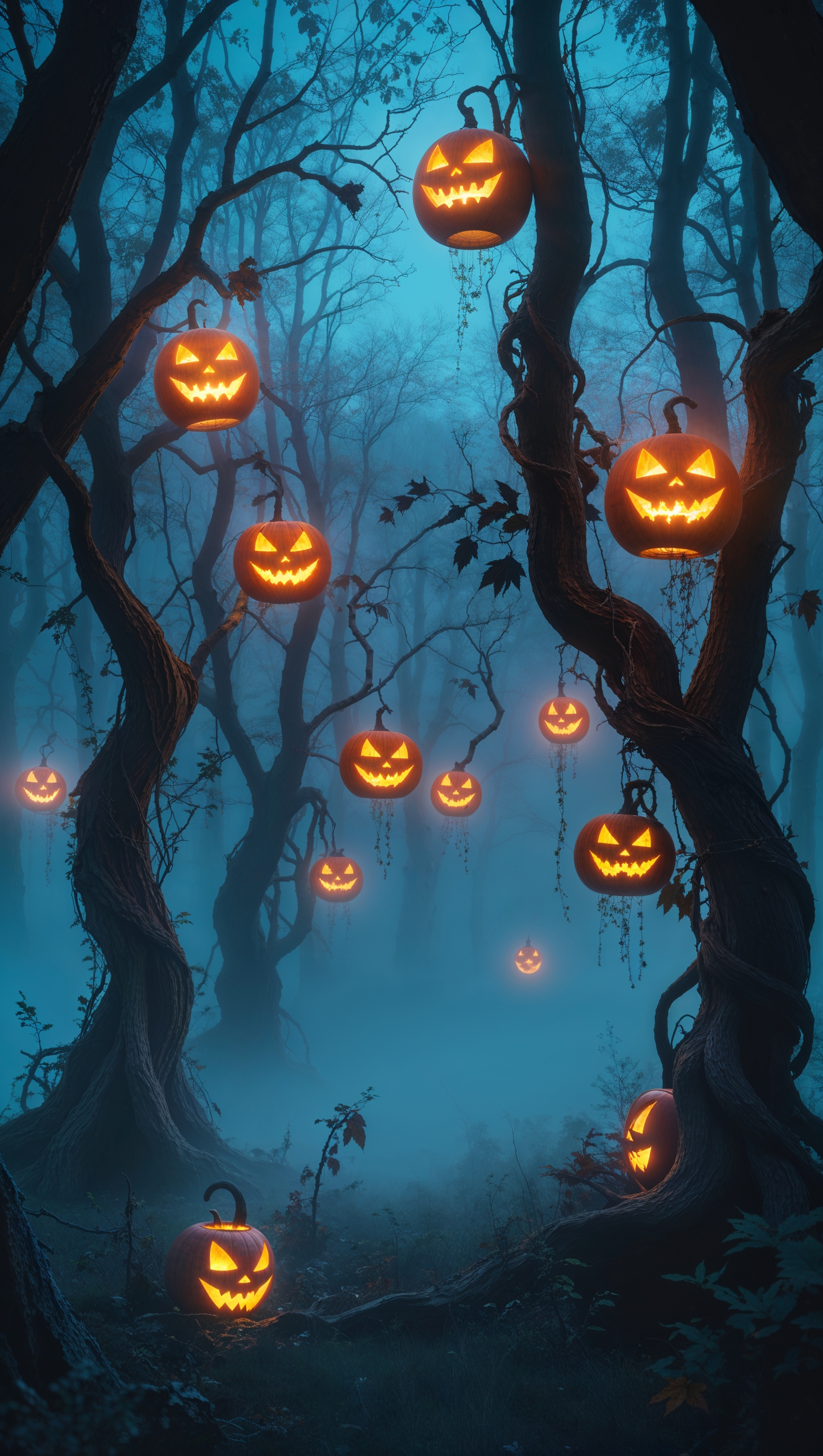 Foggy retro forest with glowing jack-o'-lanterns, spooky iPhone wallpaper
