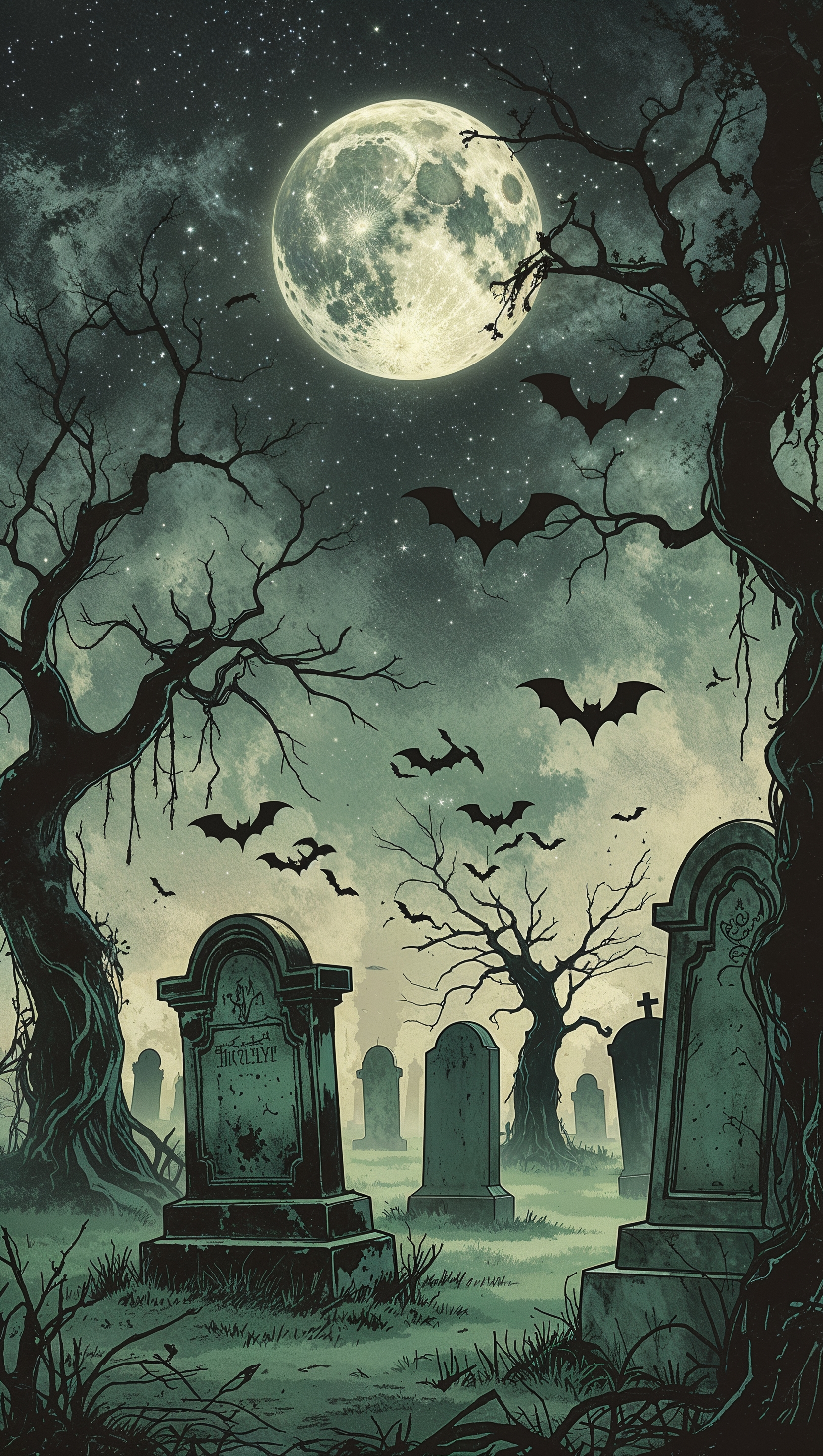 Retro graveyard scene with mist, full moon and bats, vintage art