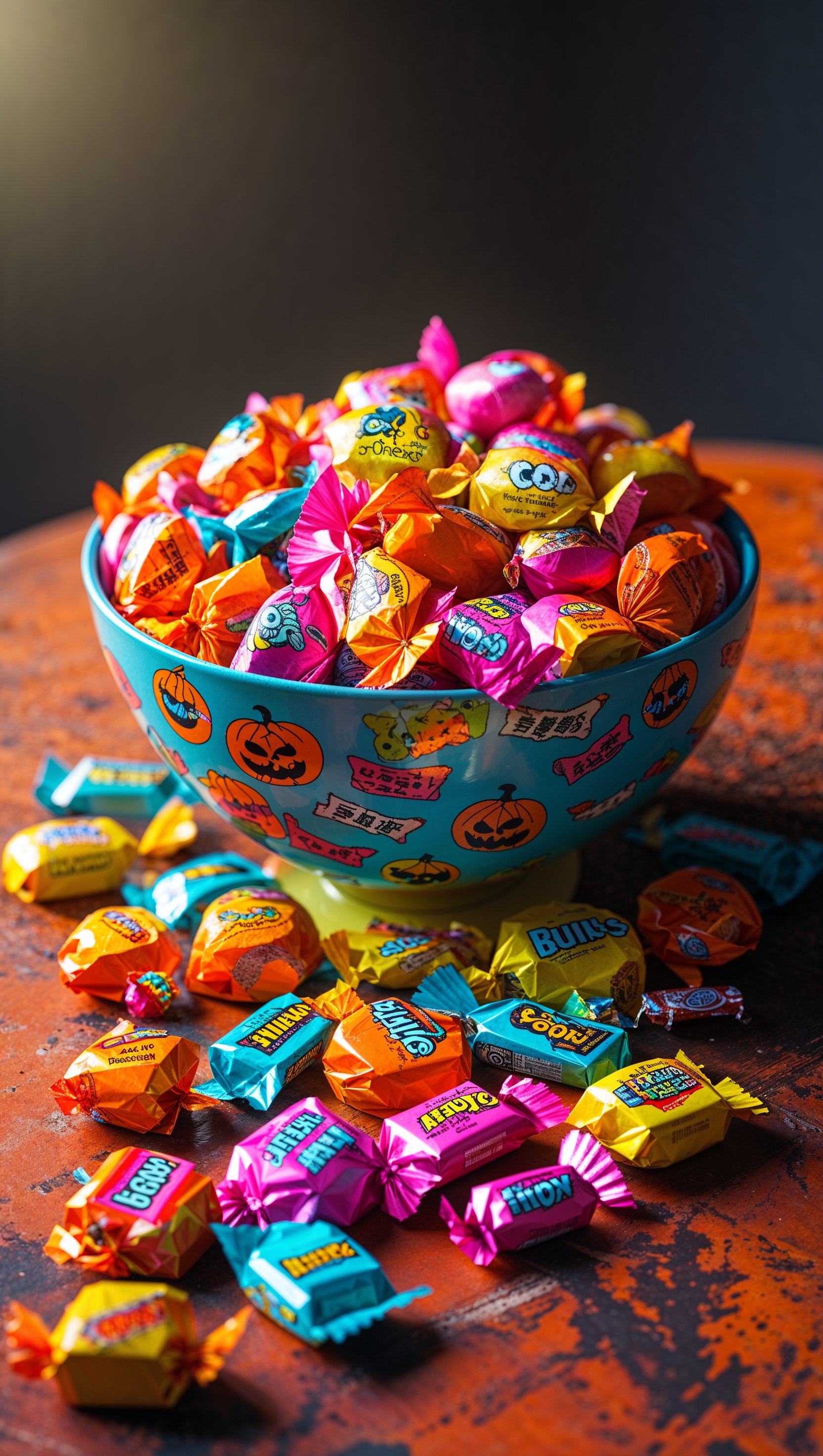 Classic Halloween candy bowl, 80s style, colorful retro tones