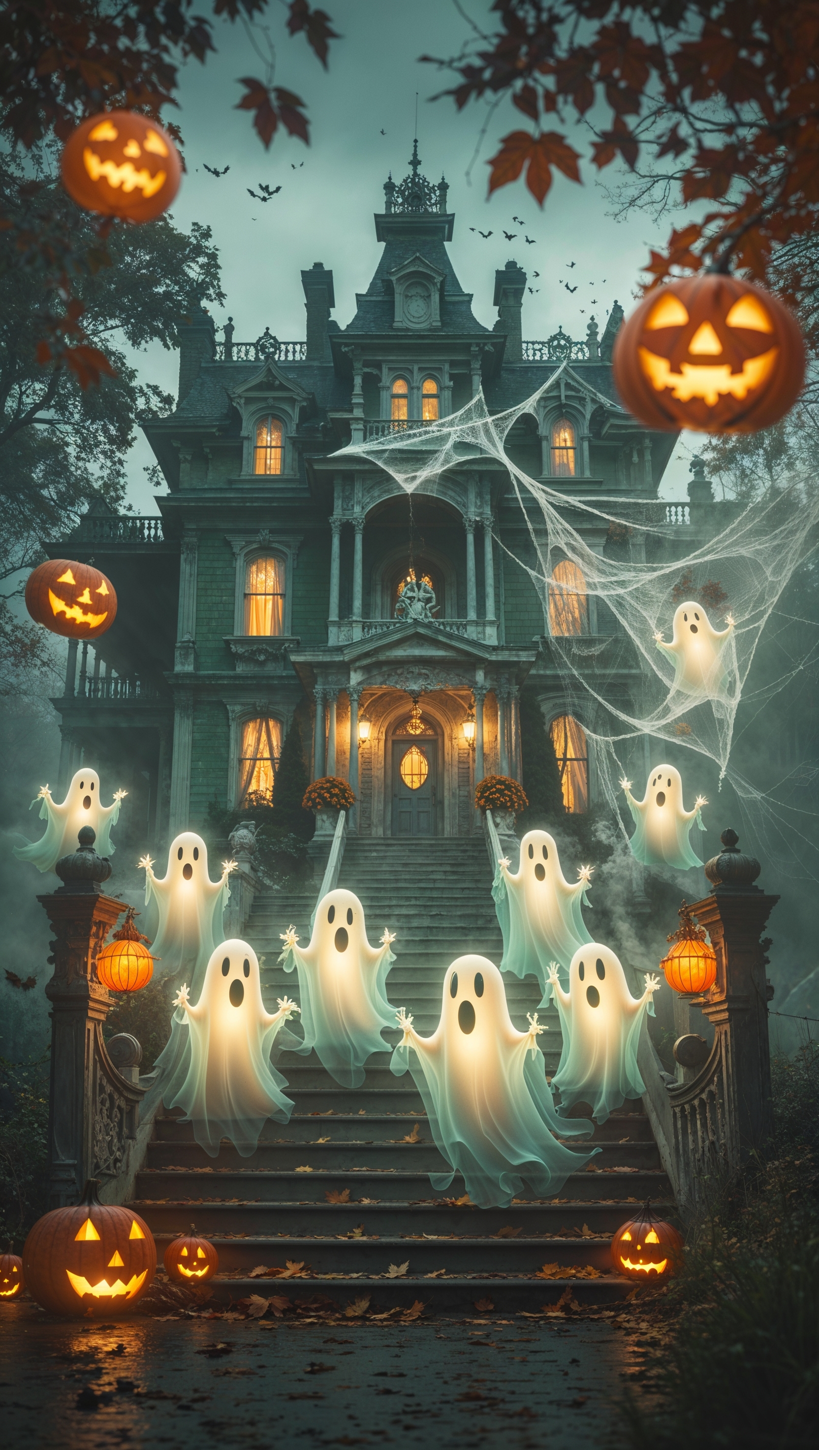 Retro-style ghosts floating around a Victorian house, Halloween feel