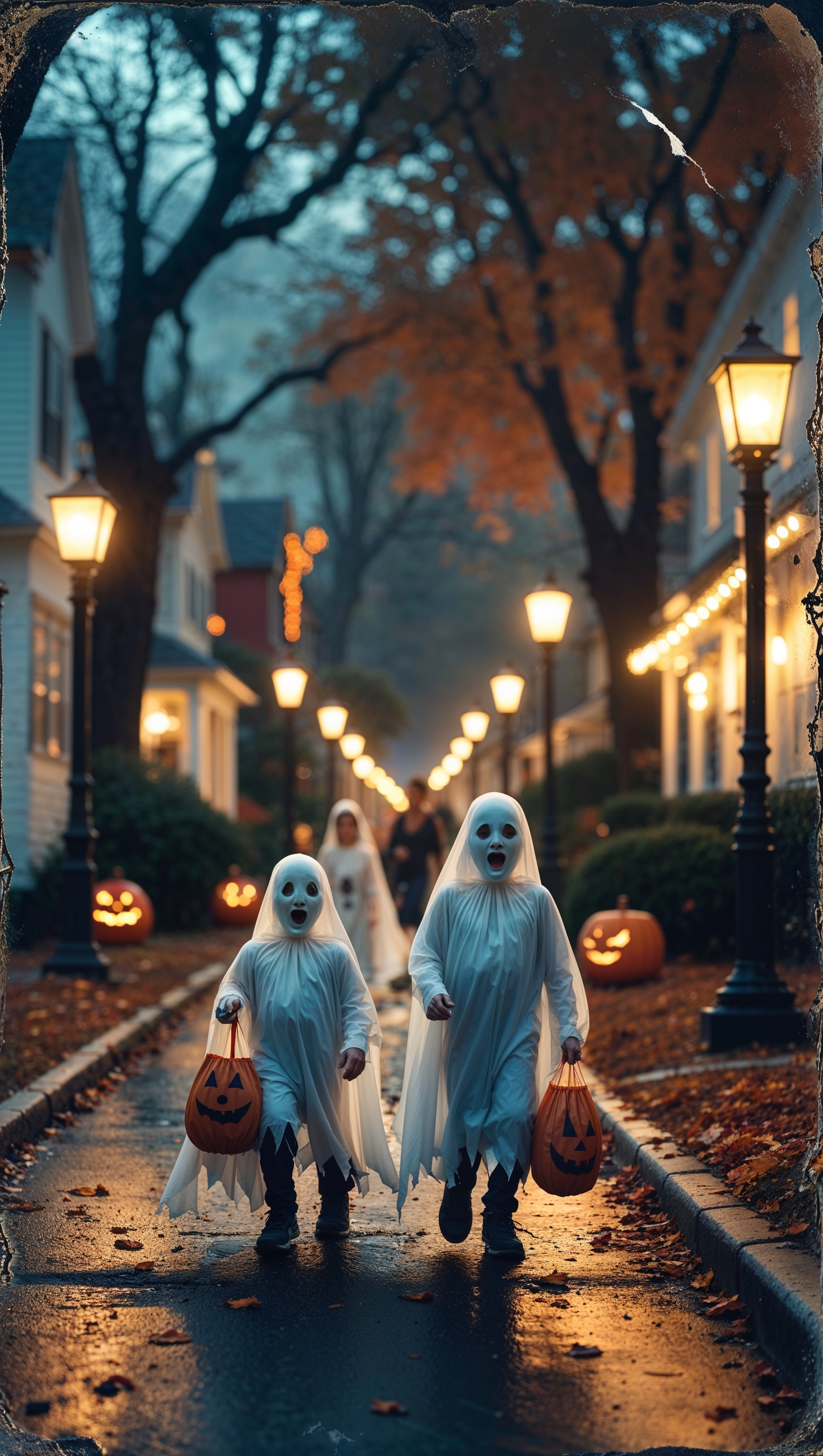 Vintage film frame of Halloween street, children in ghost costumes