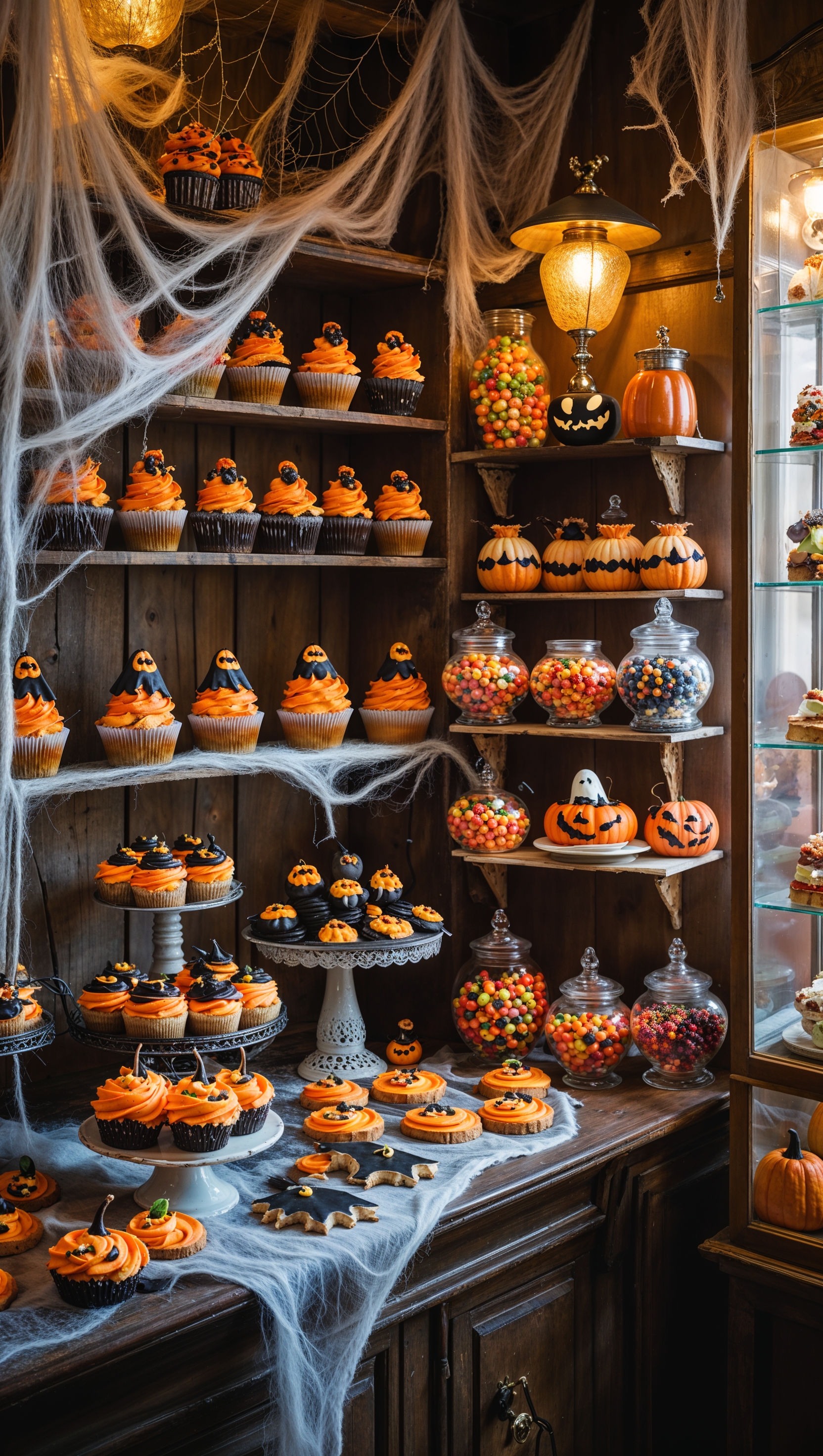 Old-fashioned Halloween bakery, spooky cupcakes and cookies, retro vibe