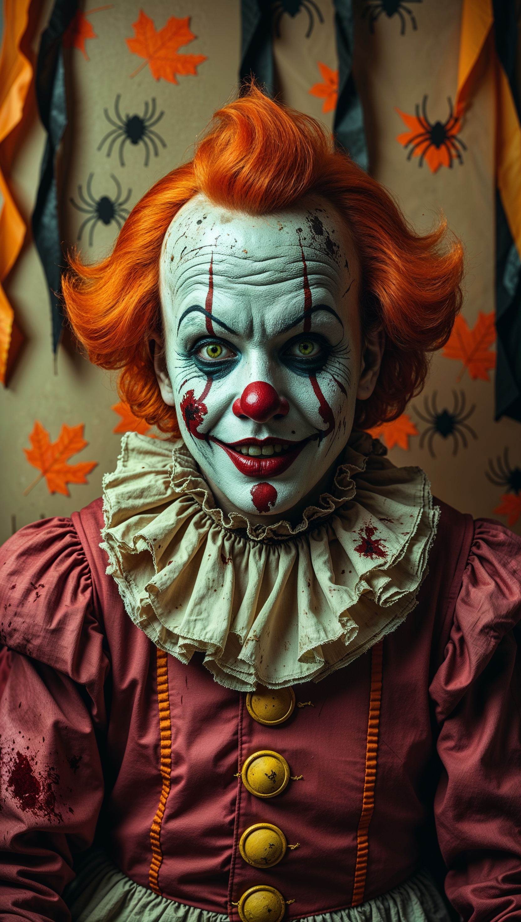 Creepy retro clown with 60s Halloween colors, wallpaper