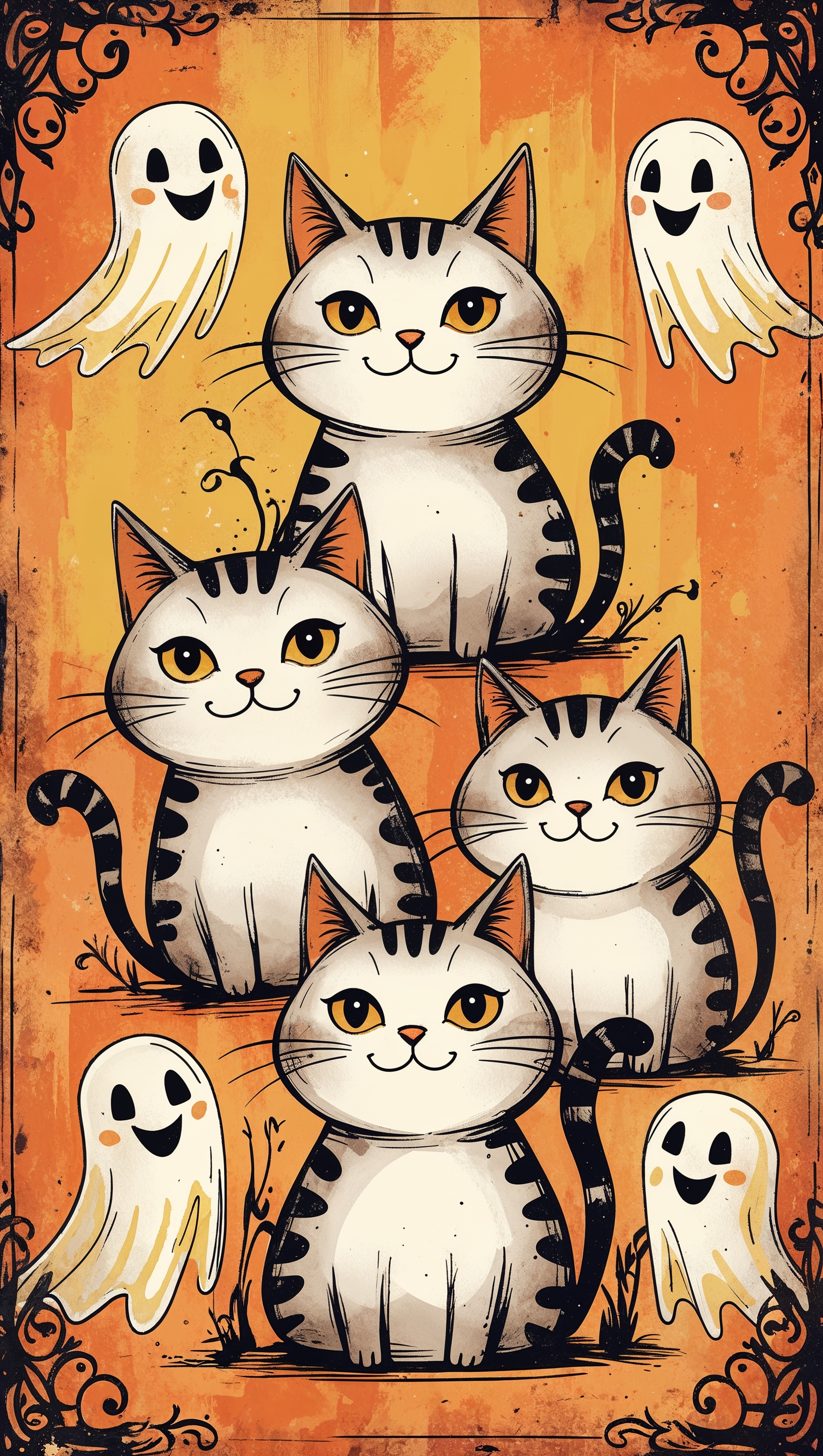 Cute retro Halloween cats and ghosts, playful vintage design