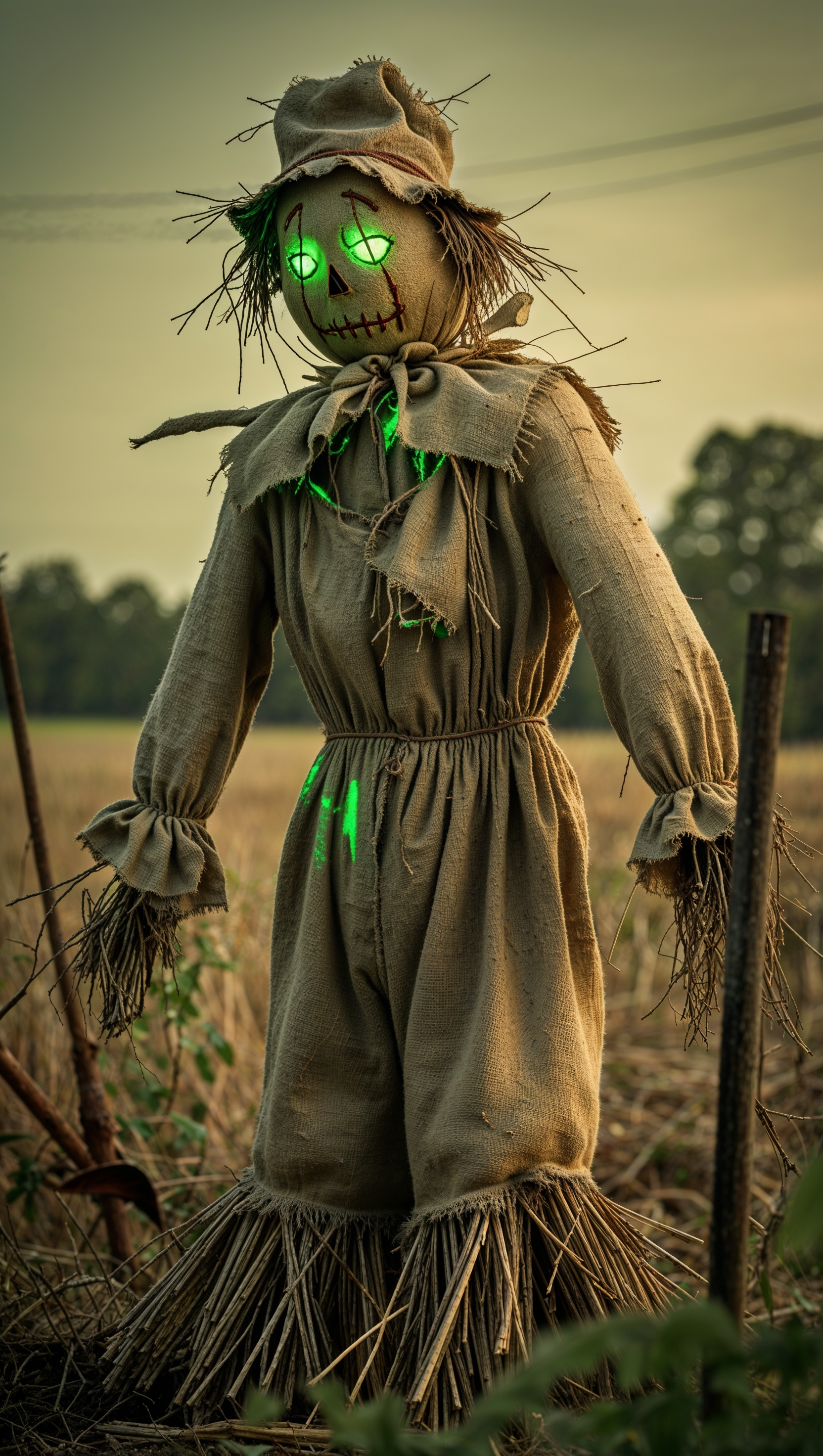 Creepy scarecrow in retro film style, vintage horror aesthetic