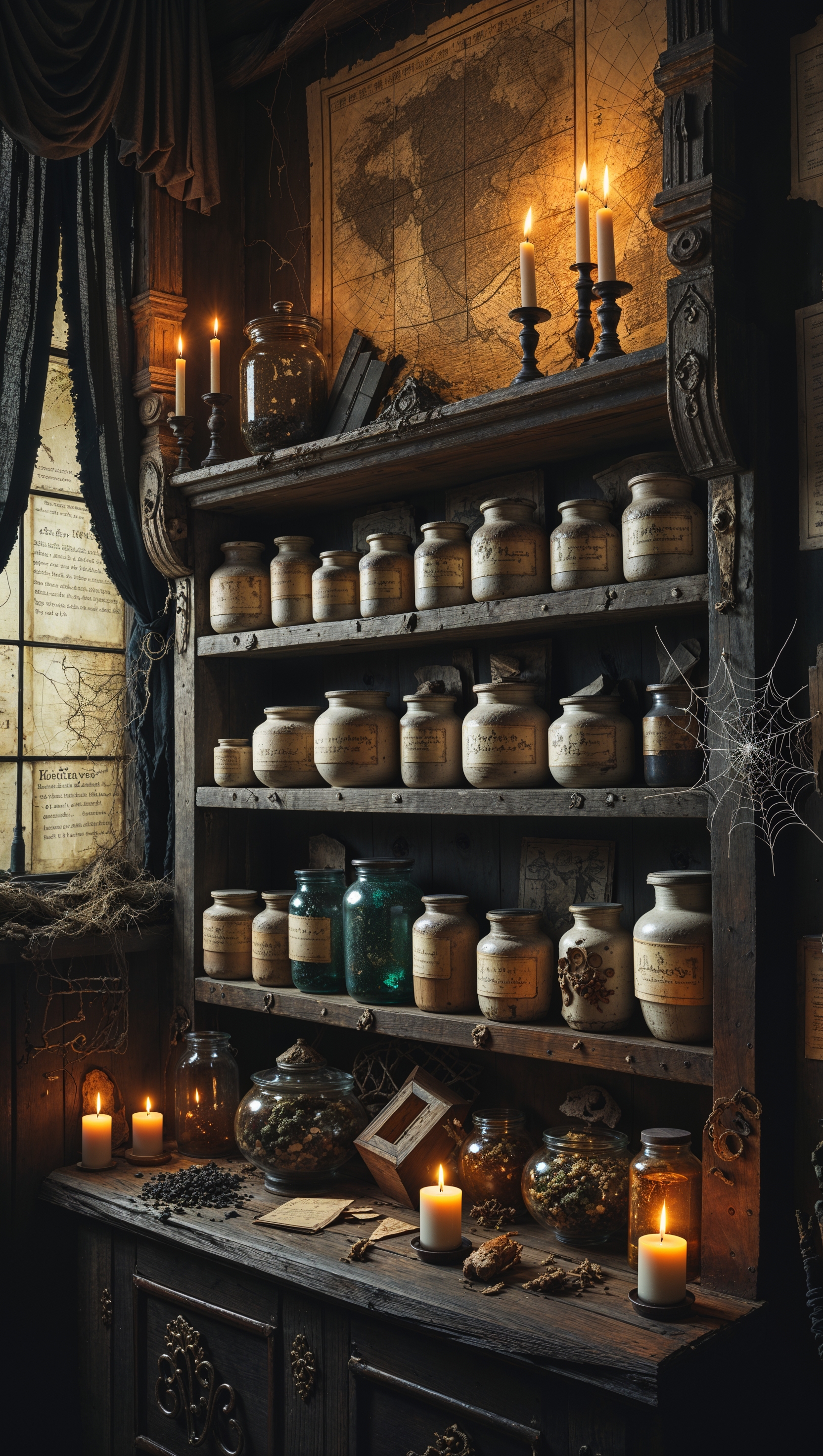 Witch’s apothecary shelf, retro spooky vibes, vintage textures