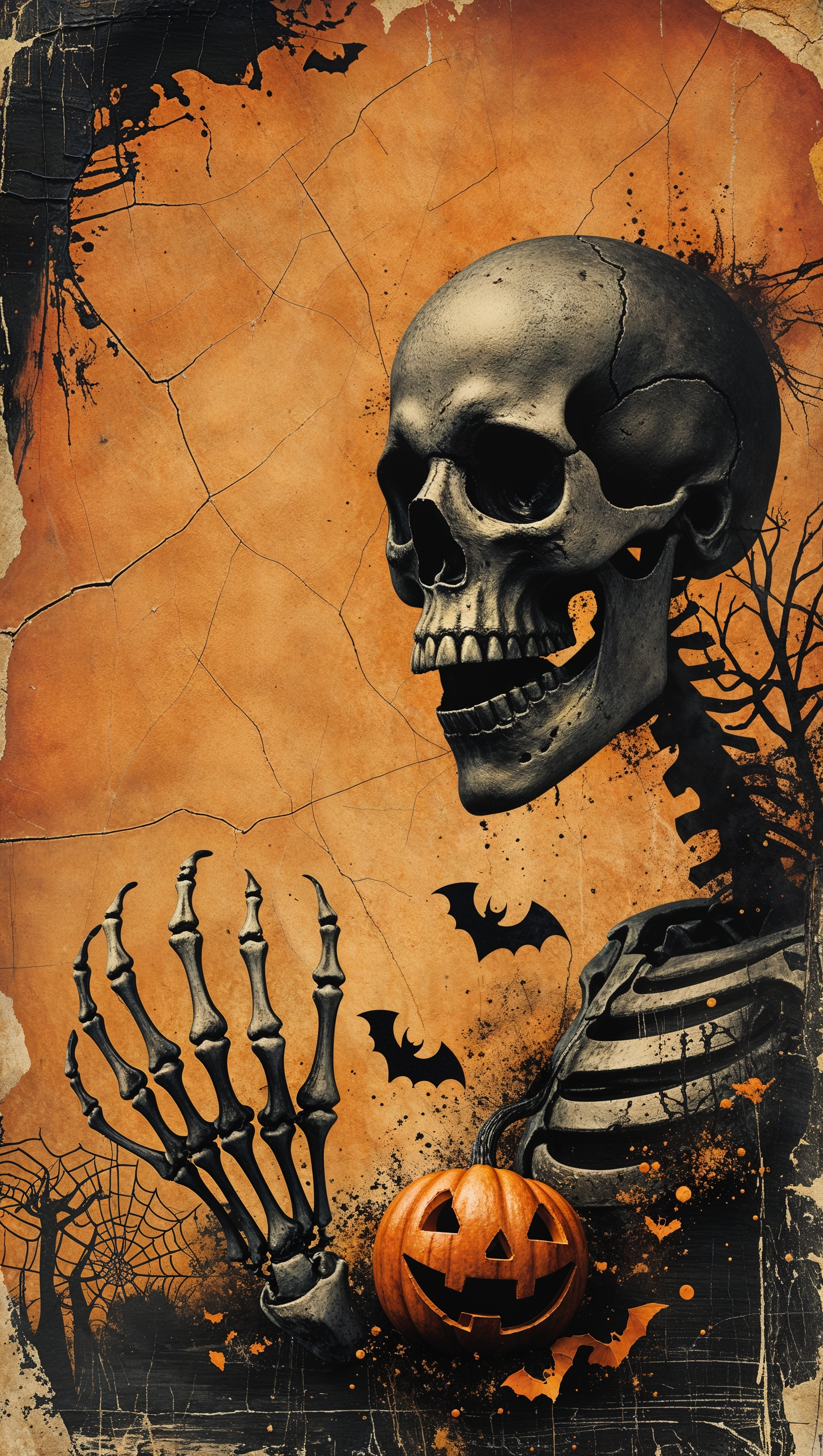 Vintage-style black and orange Halloween collage, textured background