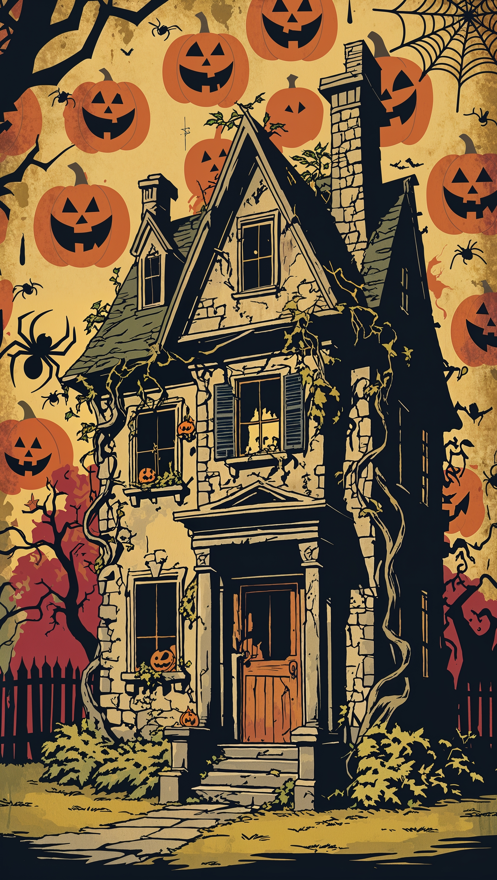 Spooky haunted house in retro comic style, vintage Halloween wallpaper