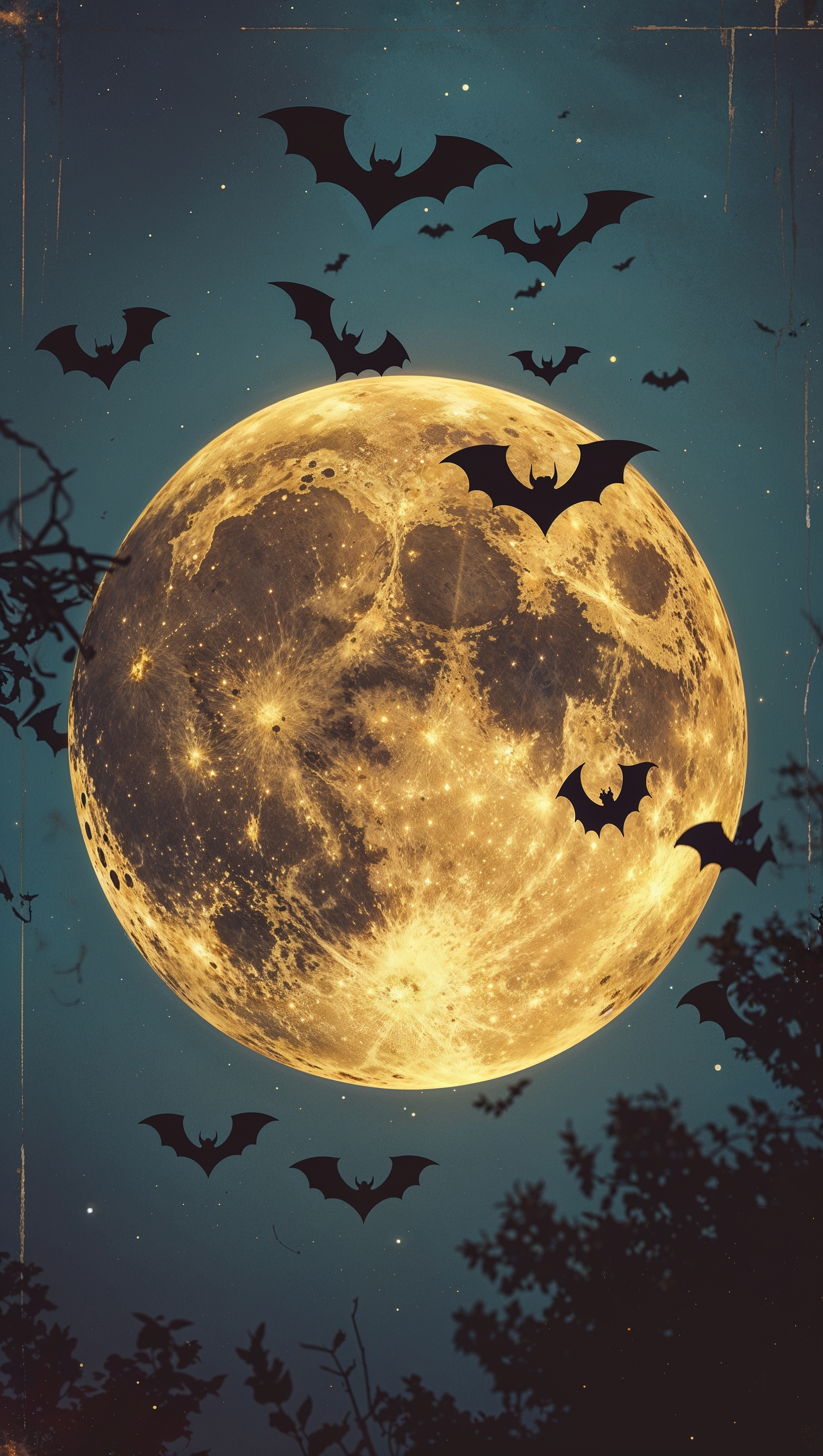 Retro Halloween moon with bats flying across, grainy filter, iPhone wallpaper