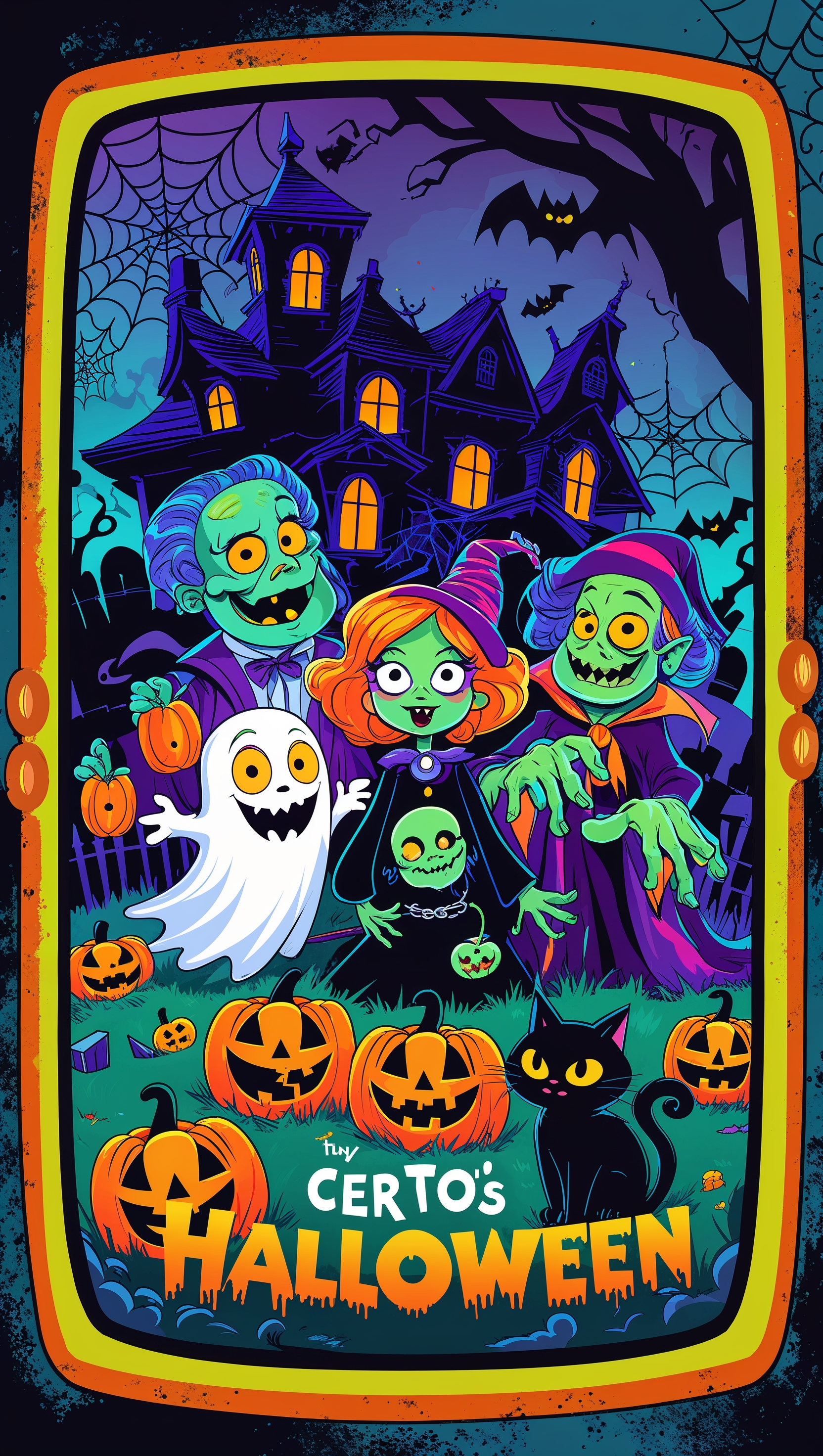 Retro 70s cartoon Halloween theme, cute and creepy characters