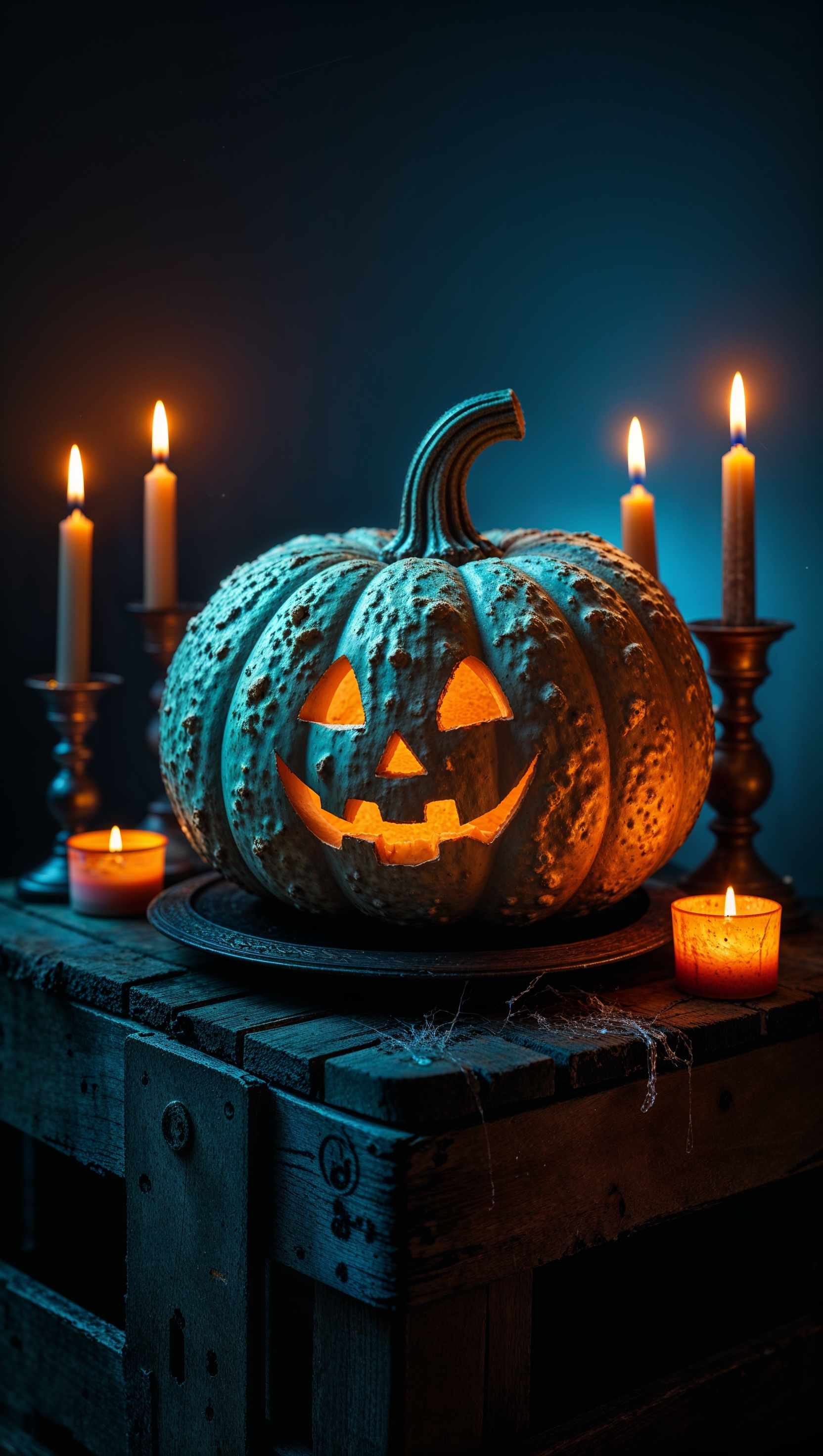 Retro vintage Halloween pumpkin with candles, dark background, iPhone wallpaper