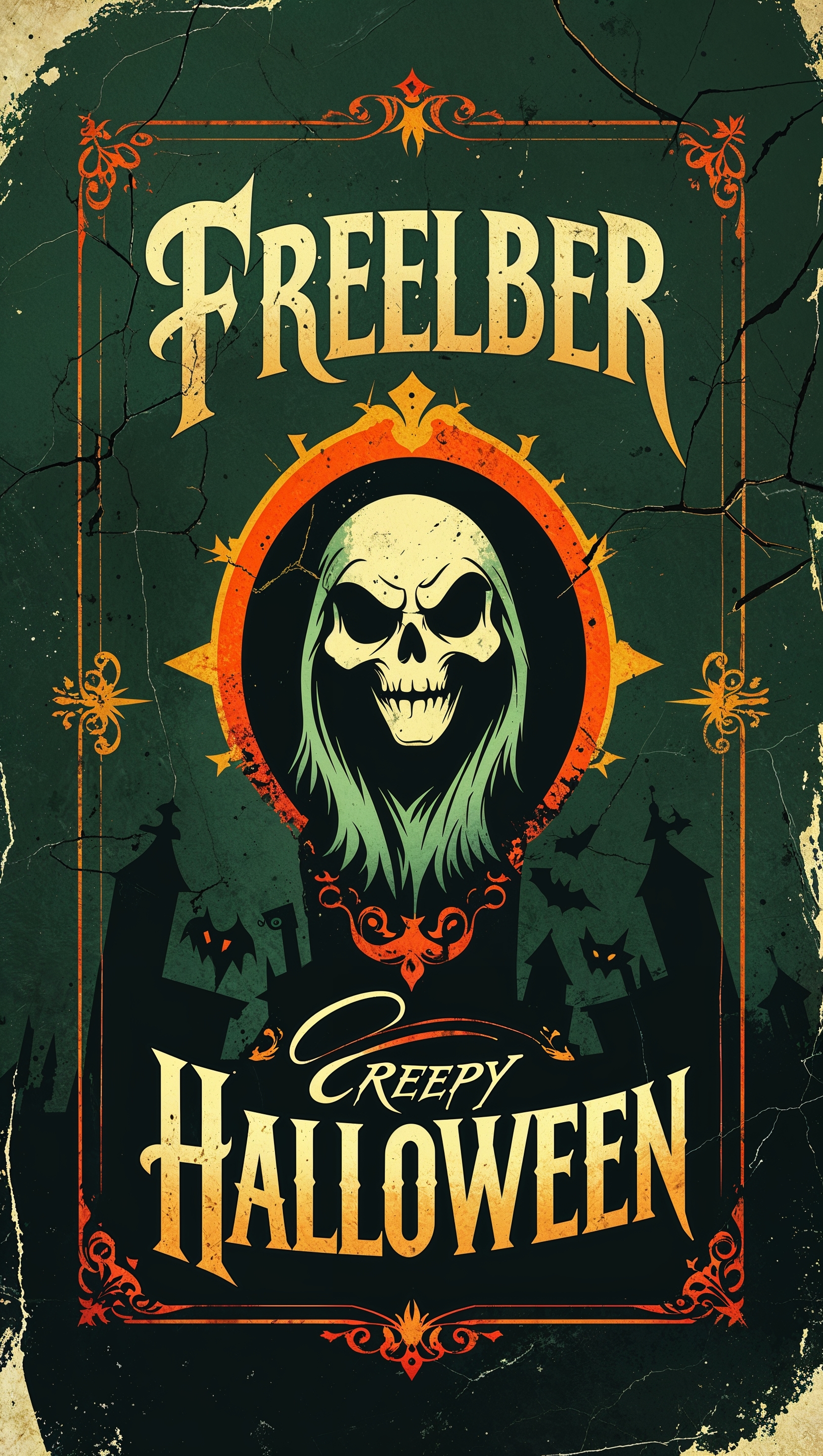 Old horror movie poster style, Halloween theme, retro fonts, iPhone wallpaper