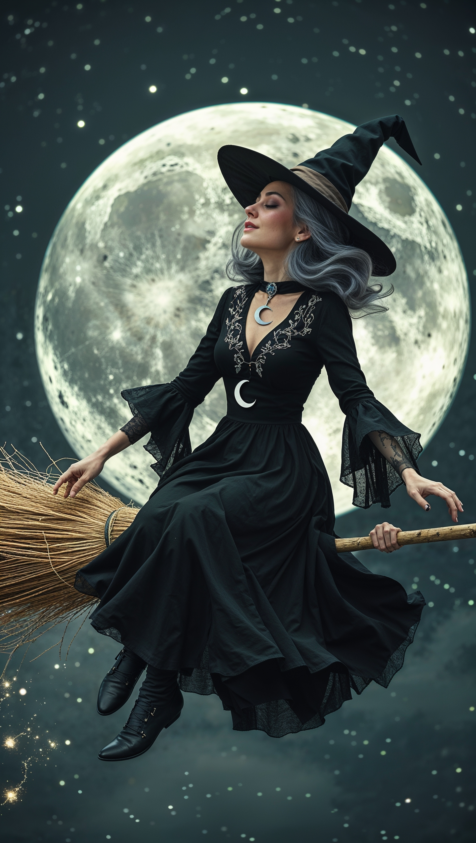 Retro witch flying on broomstick over a full moon, grainy texture, iPhone wallpaper