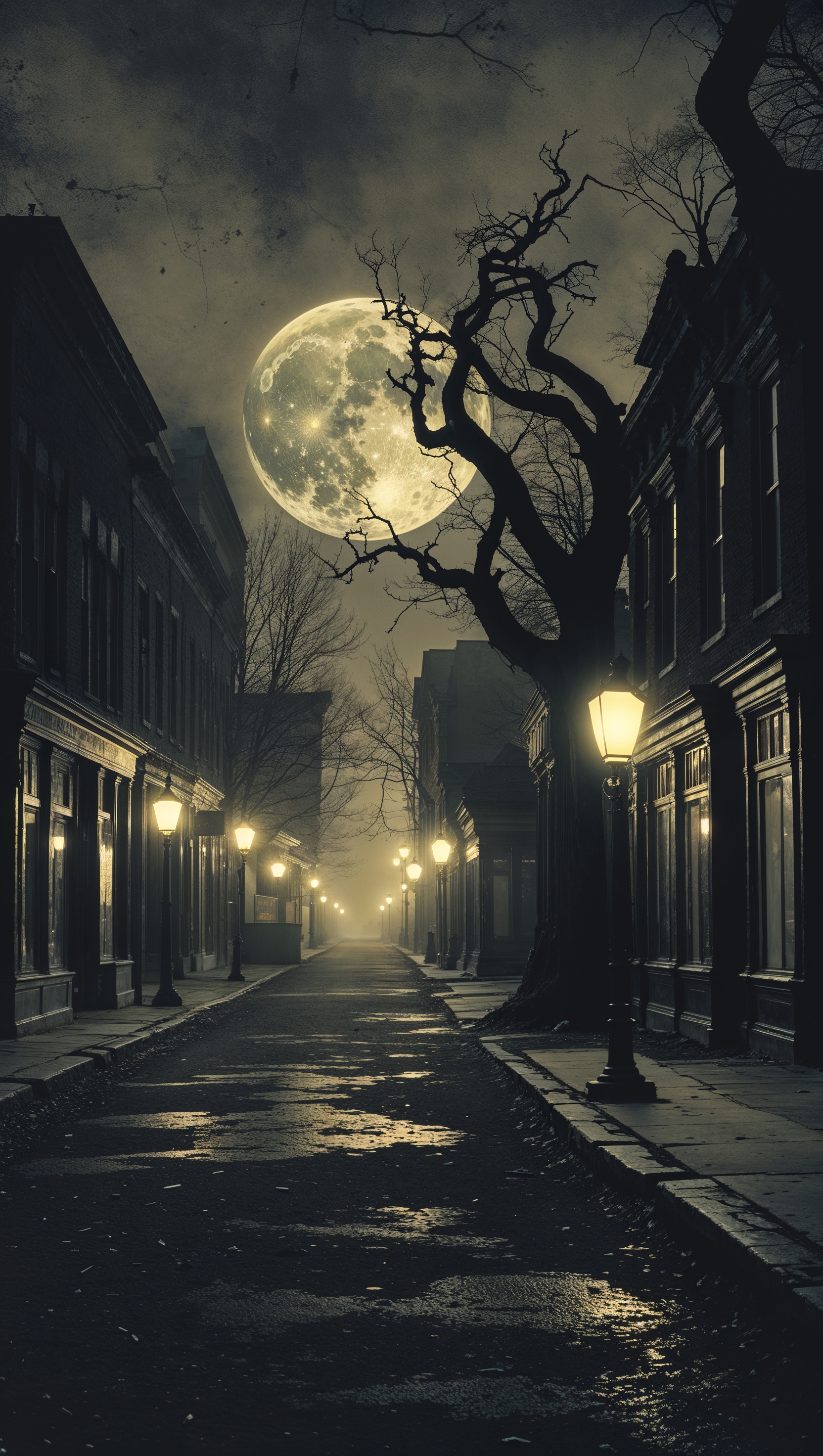 Grainy black and white Halloween night scene, retro horror feel