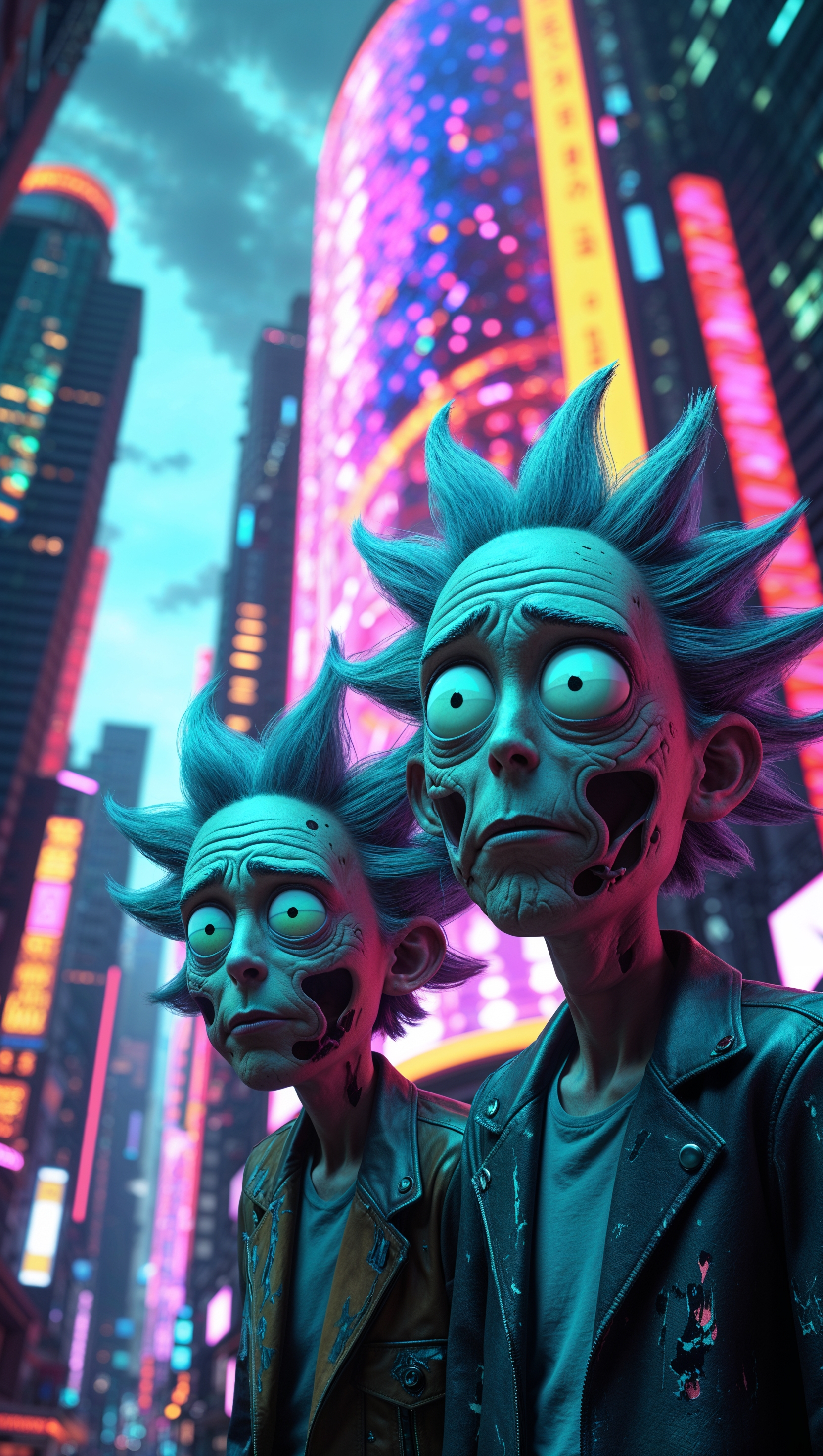 Rick and Morty wallpaper in a cyberpunk world, 4K quality