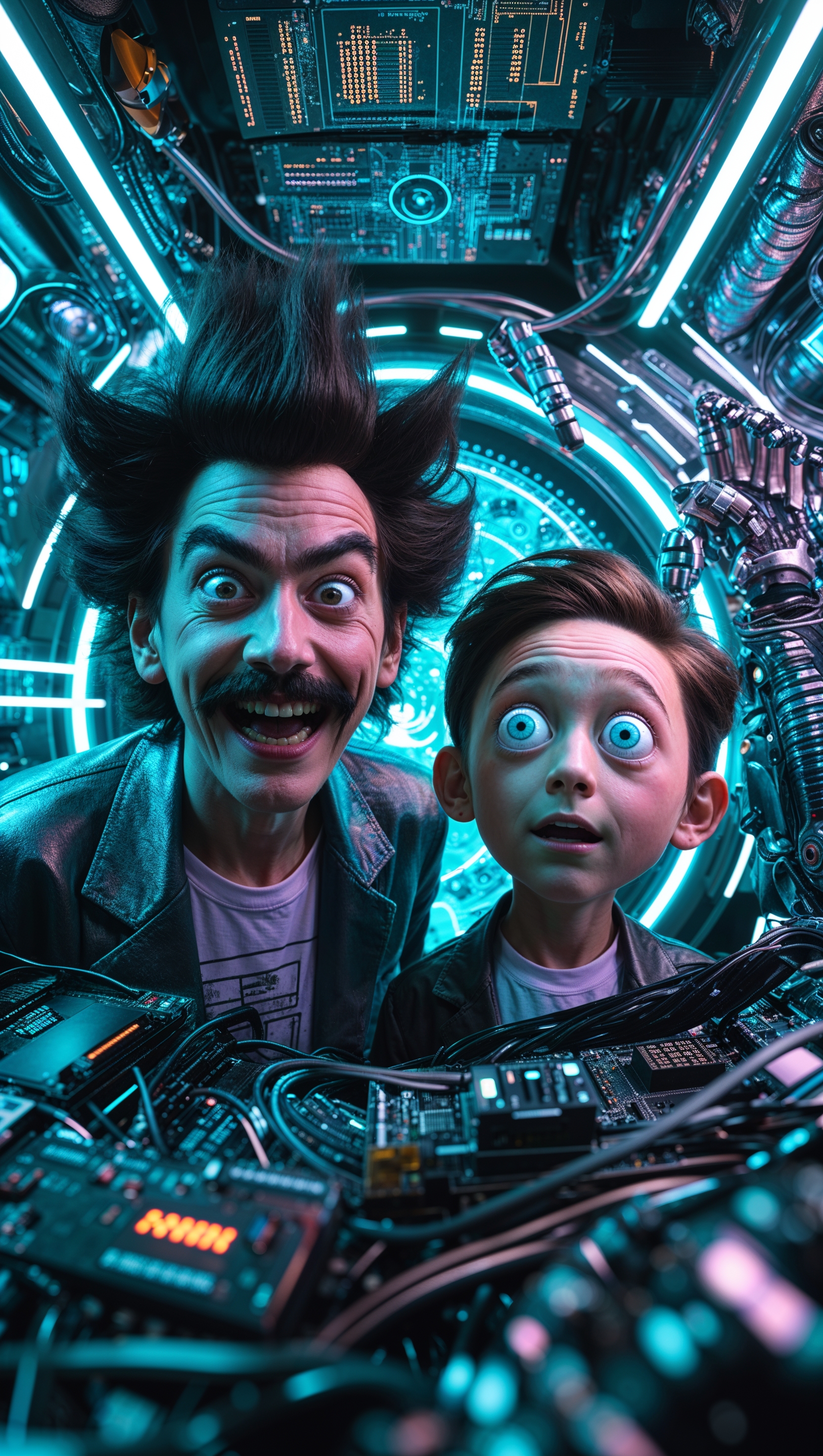 Rick and Morty cybernetic-themed wallpaper with advanced technology