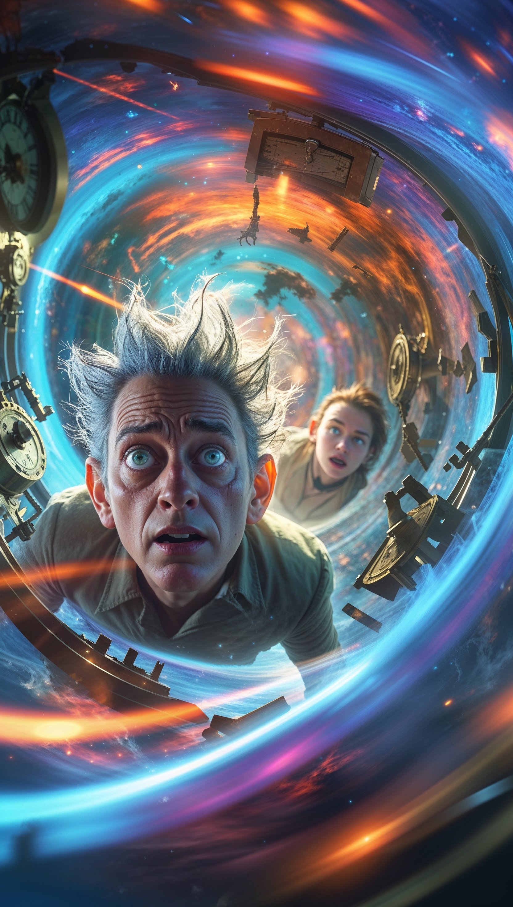 Rick and Morty traveling through time with special effects, 4K
