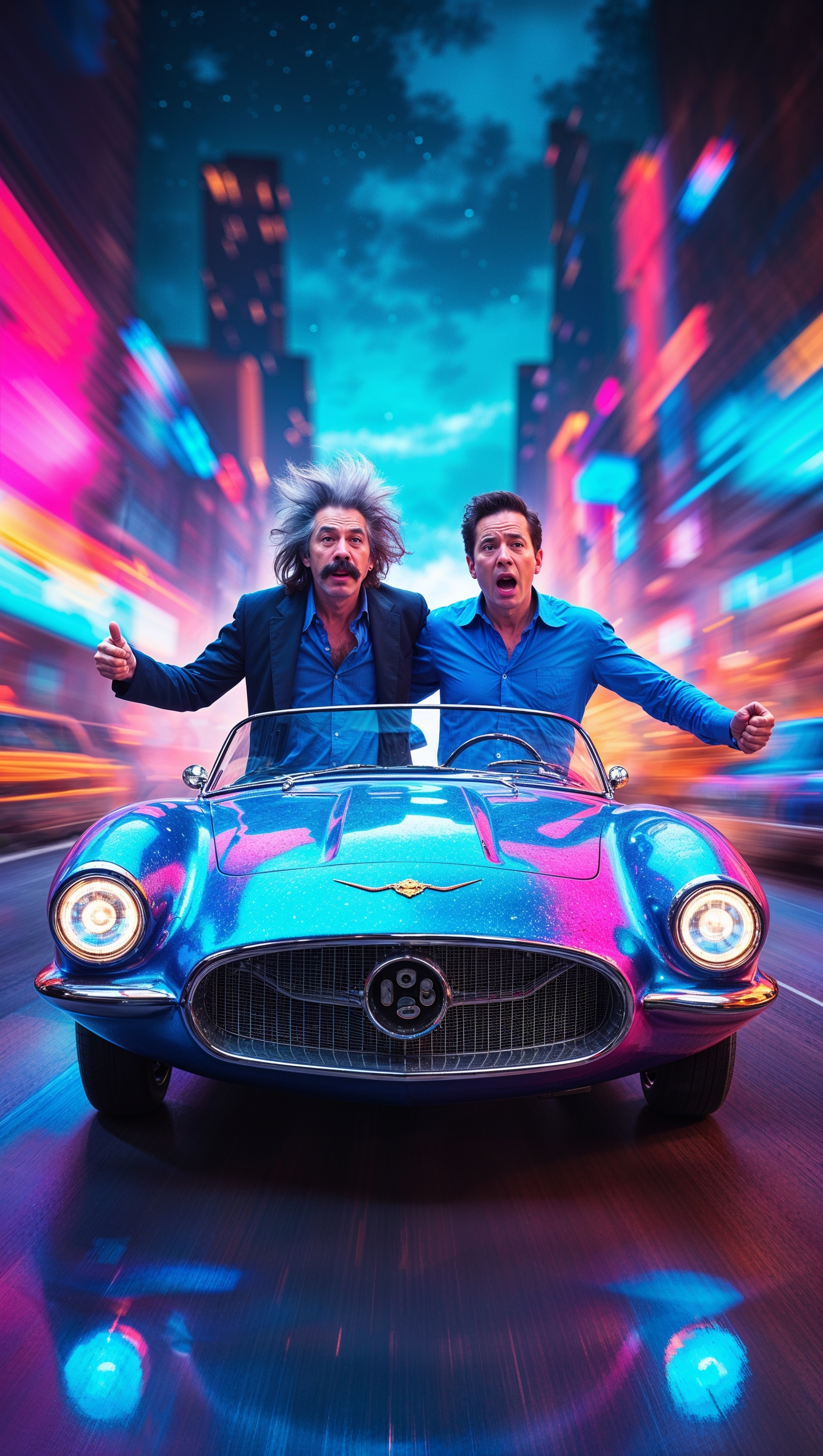 Rick and Morty with their flying car in a neon-lit night