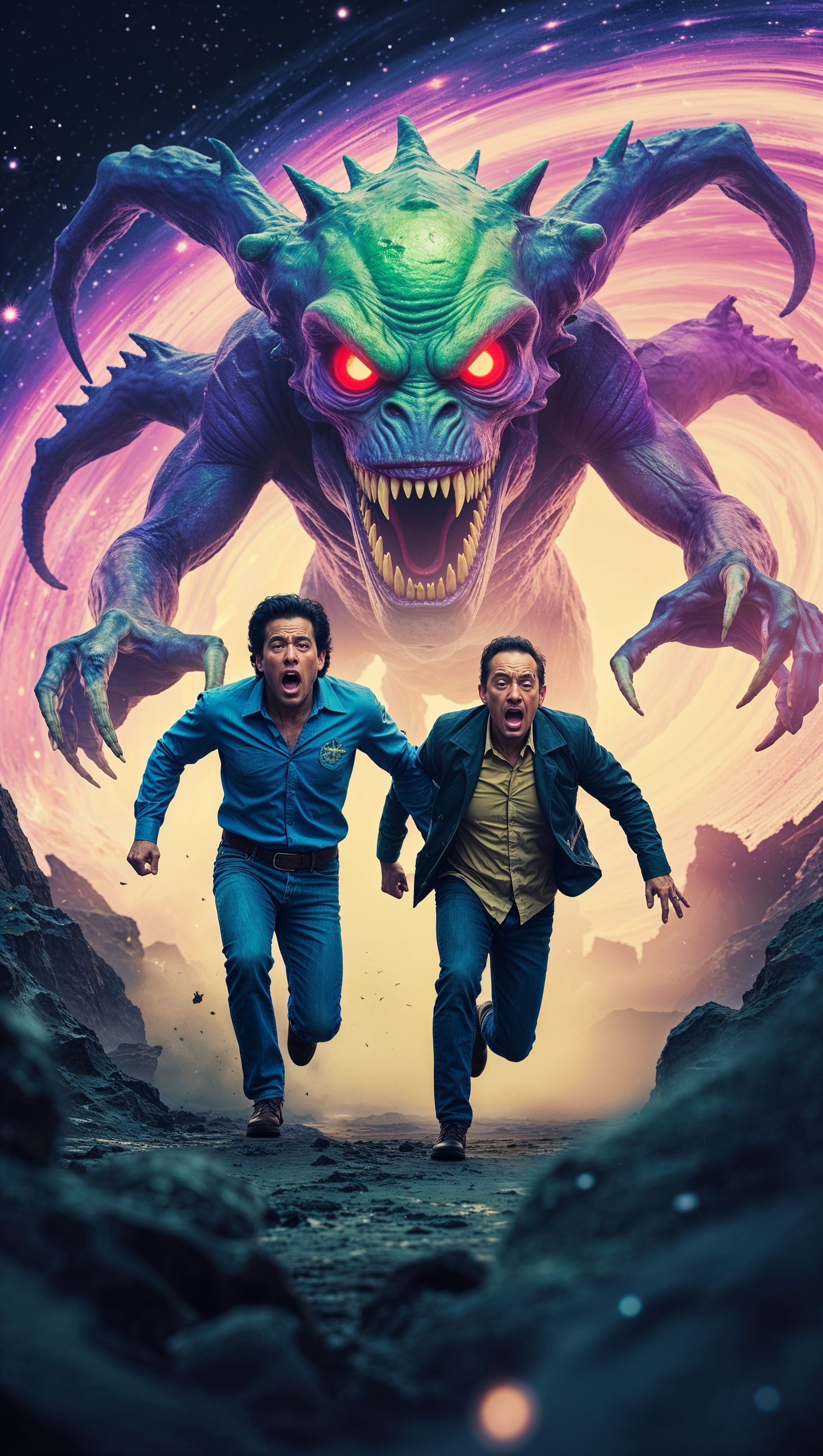 Rick and Morty running from a space monster, iPhone wallpaper