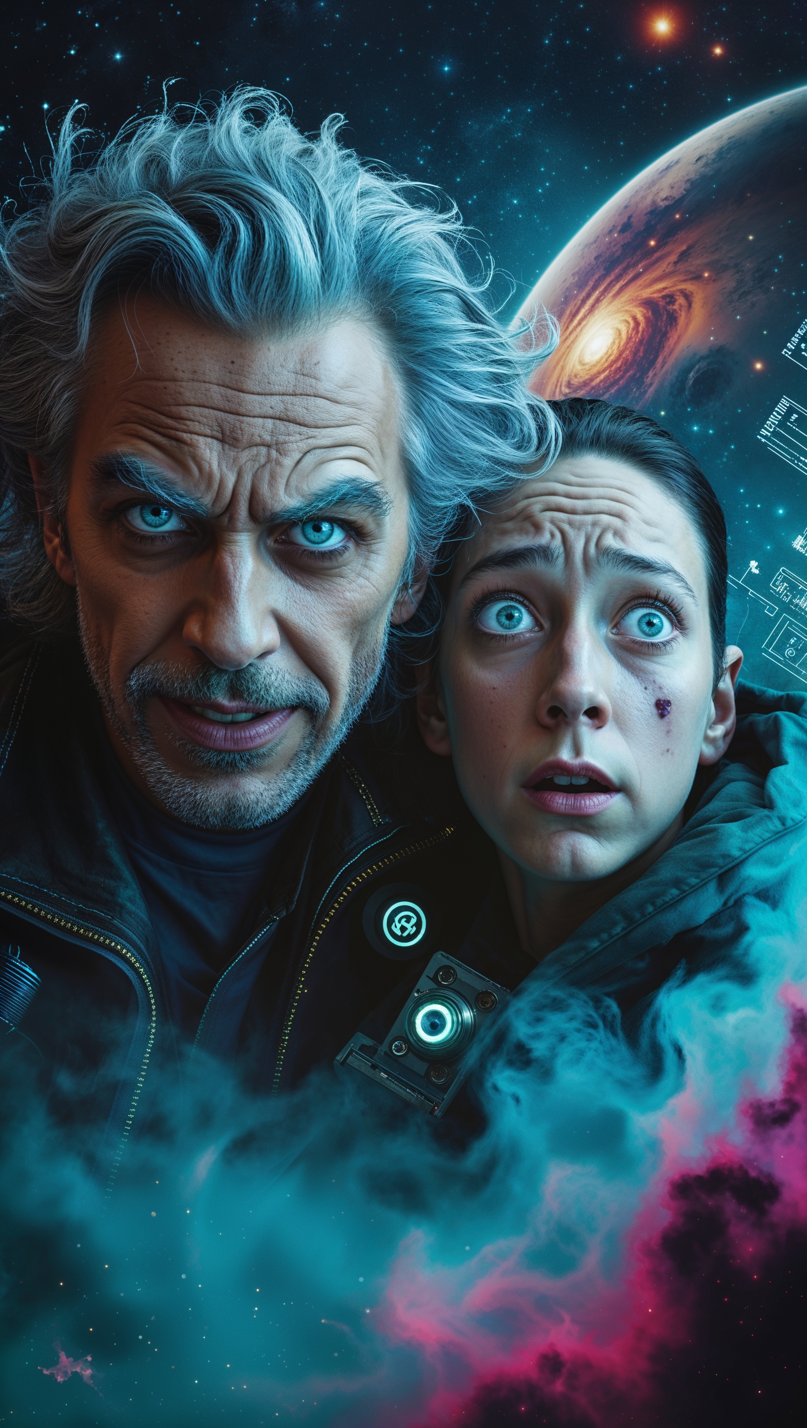 Dark and mysterious Rick and Morty wallpaper with sci-fi elements