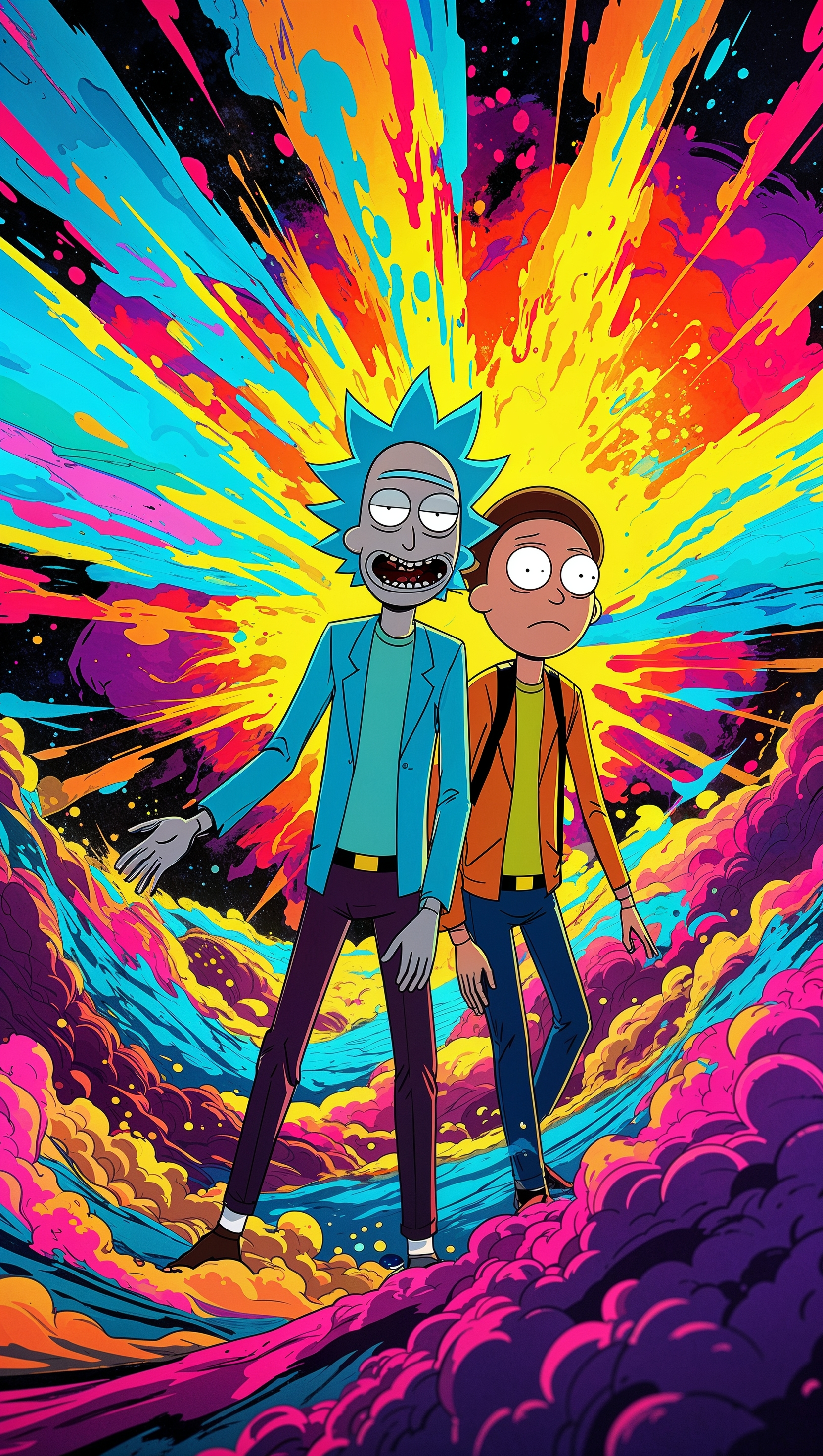 Rick and Morty in a comic book world with a cartoon-style design