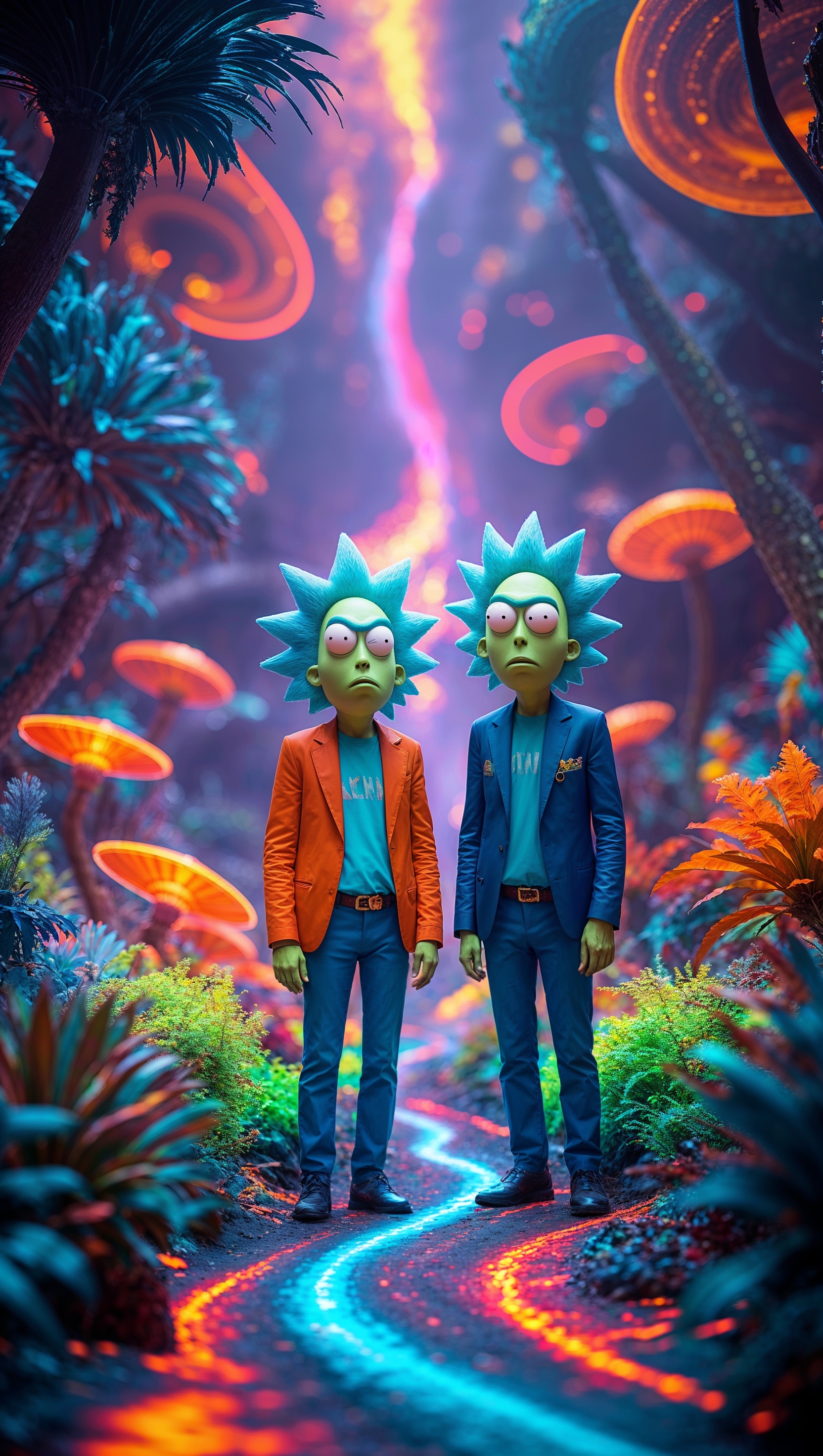 Rick and Morty on an alien planet with colorful nature, 4K iPhone wallpaper