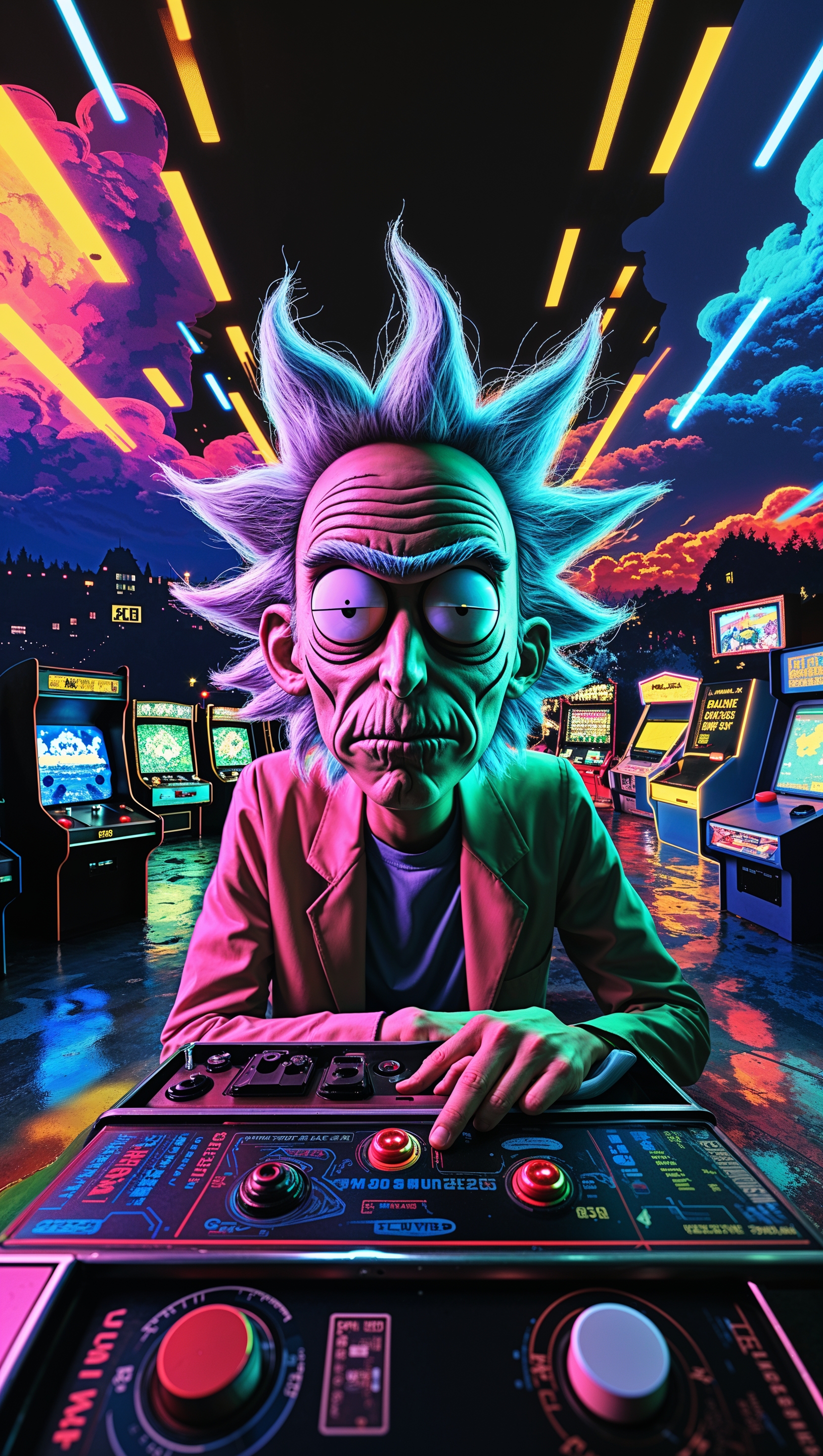 Rick and Morty artwork in a retro video game world