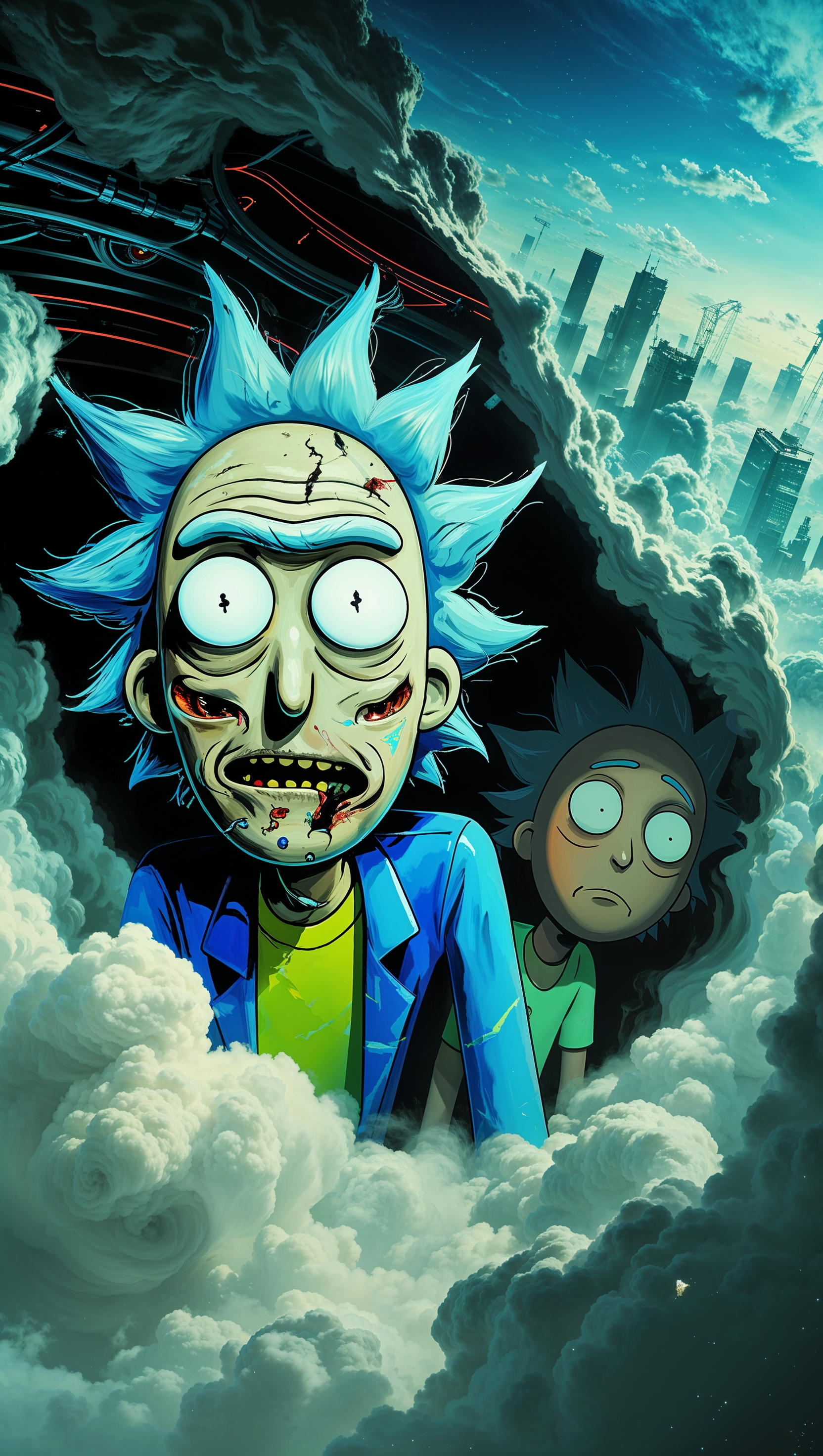 4K wallpaper combining classic and modern style of Rick and Morty
