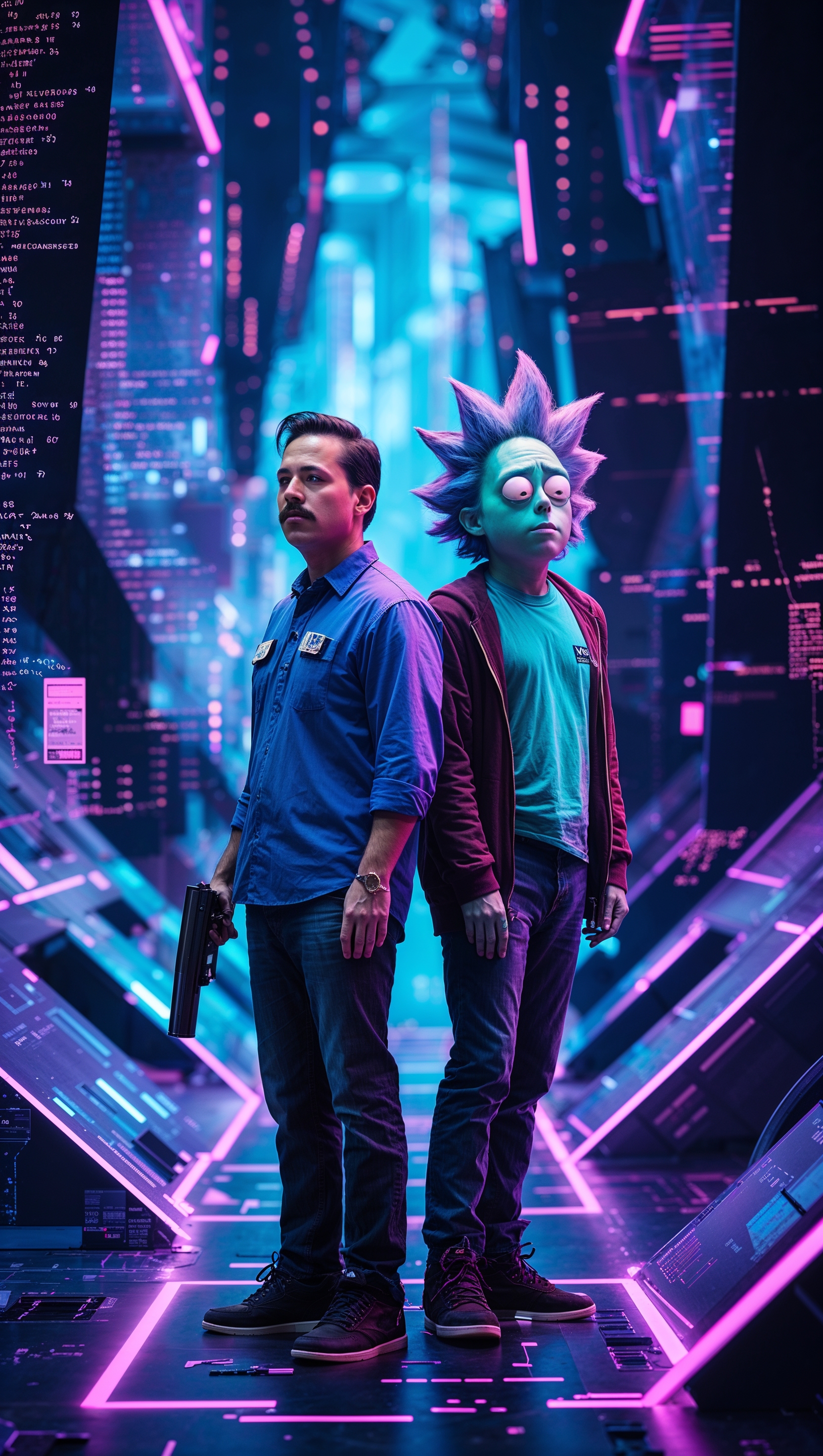 Rick and Morty in a digital and matrix-like world, 4K wallpaper