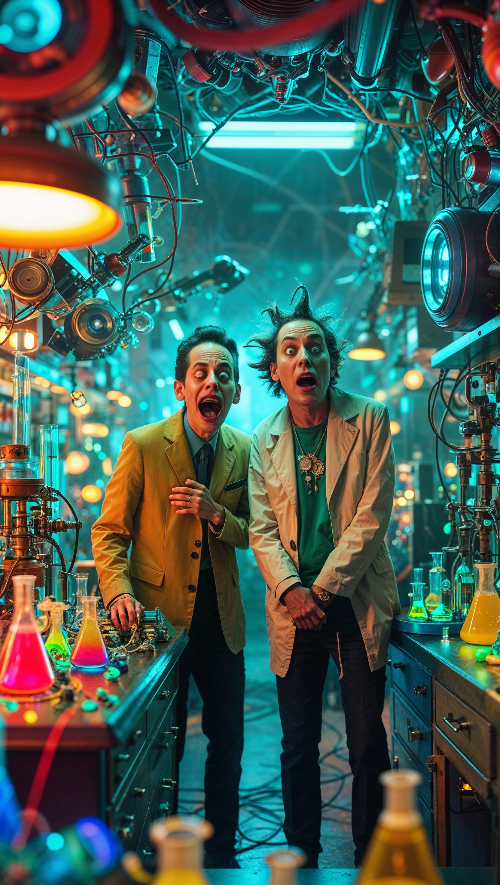 Rick and Morty in a science lab filled with strange gadgets