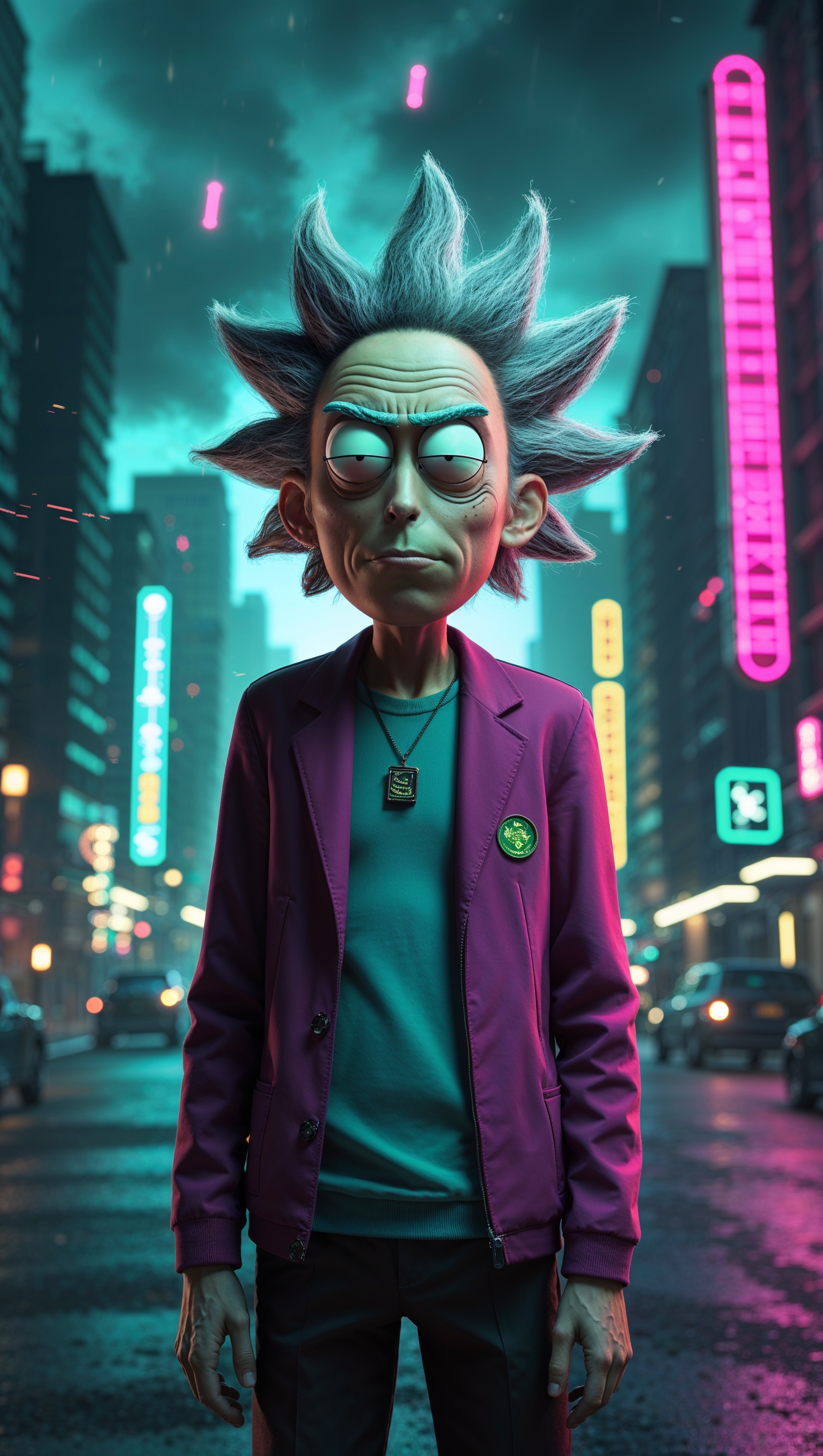 Rick and Morty 4K wallpaper with neon lighting effects for iPhone
