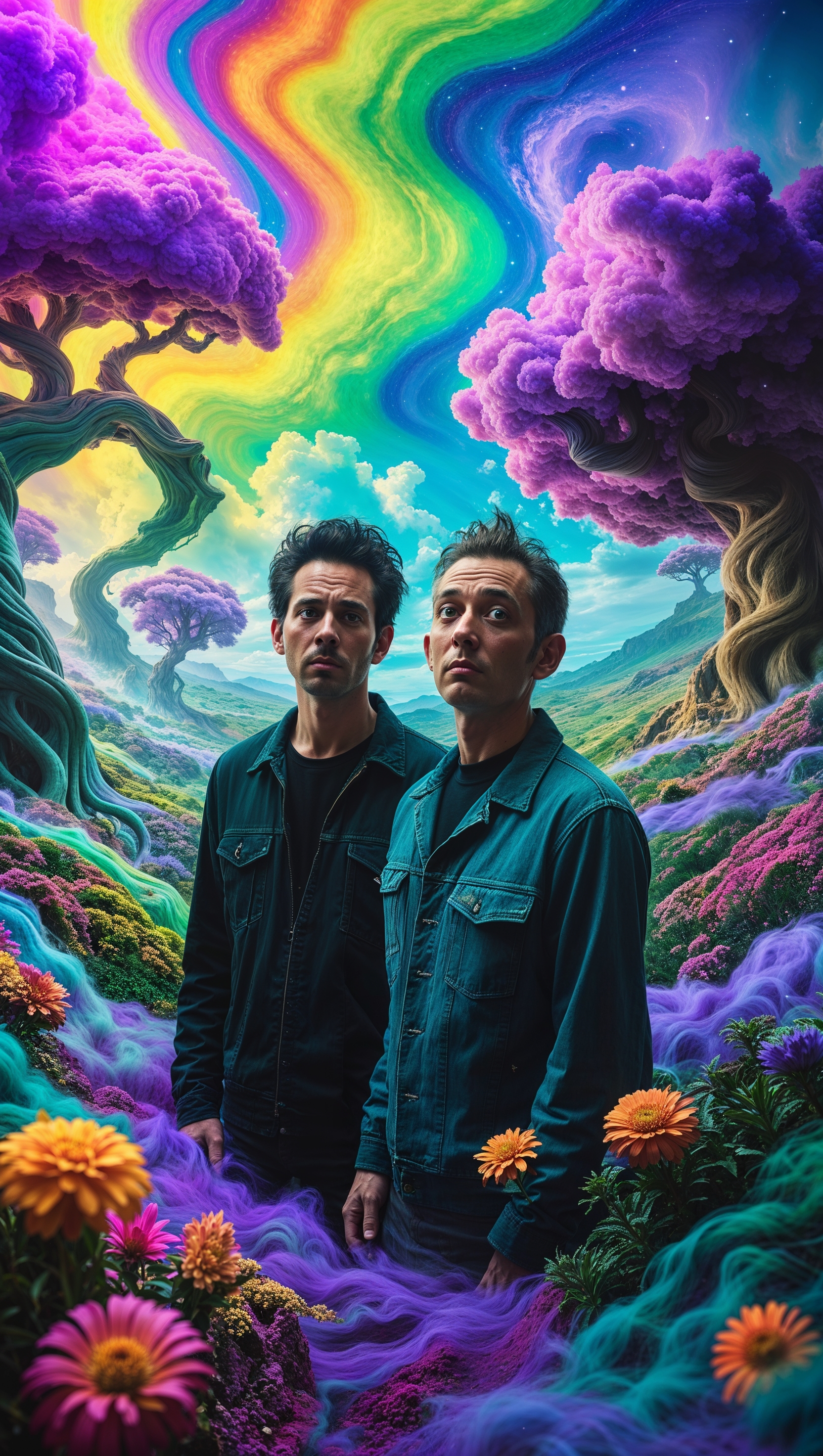Rick and Morty in an acid-trip world with vivid and weird colors