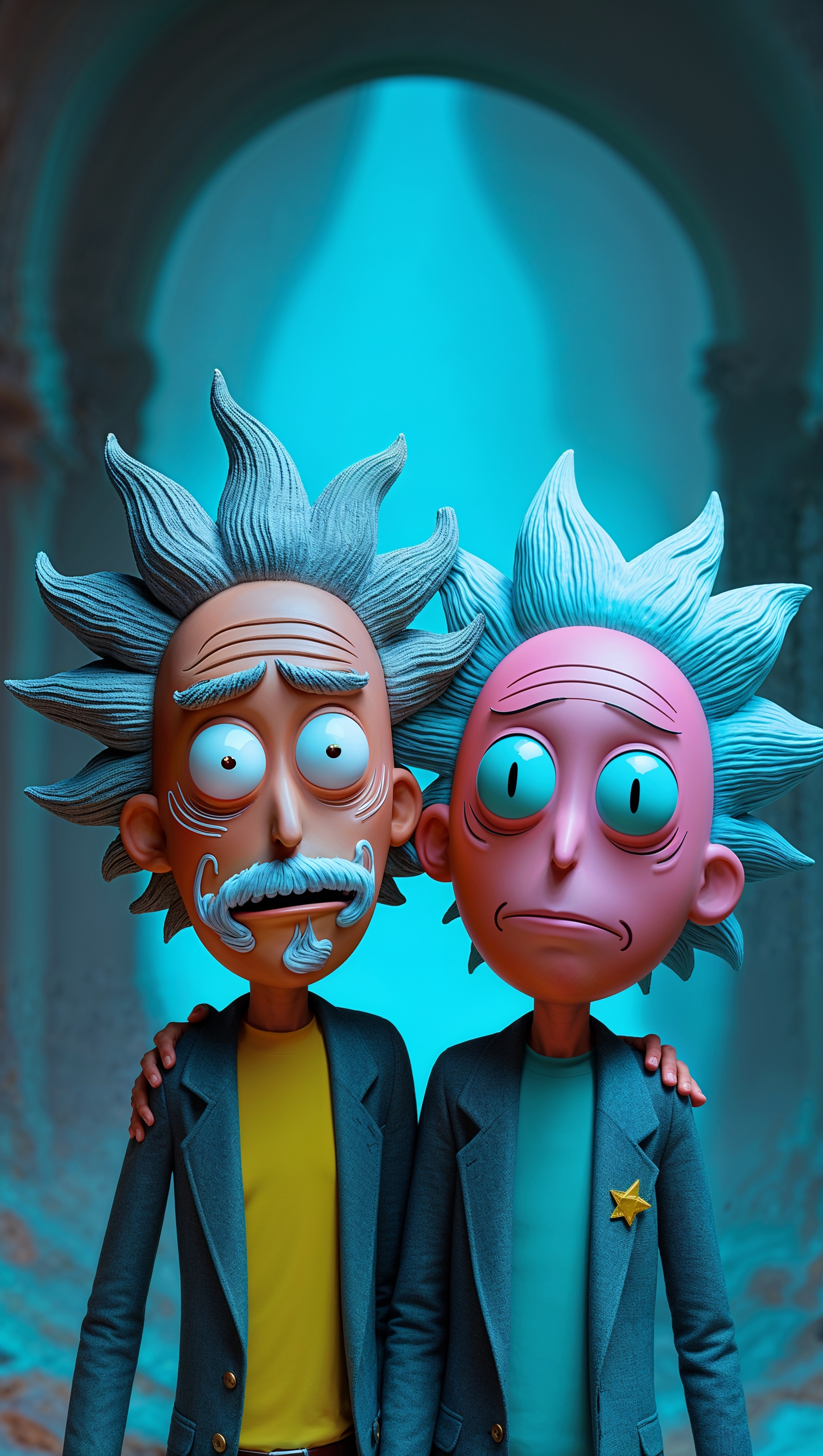 Classic animation-style Rick and Morty artwork, blue background