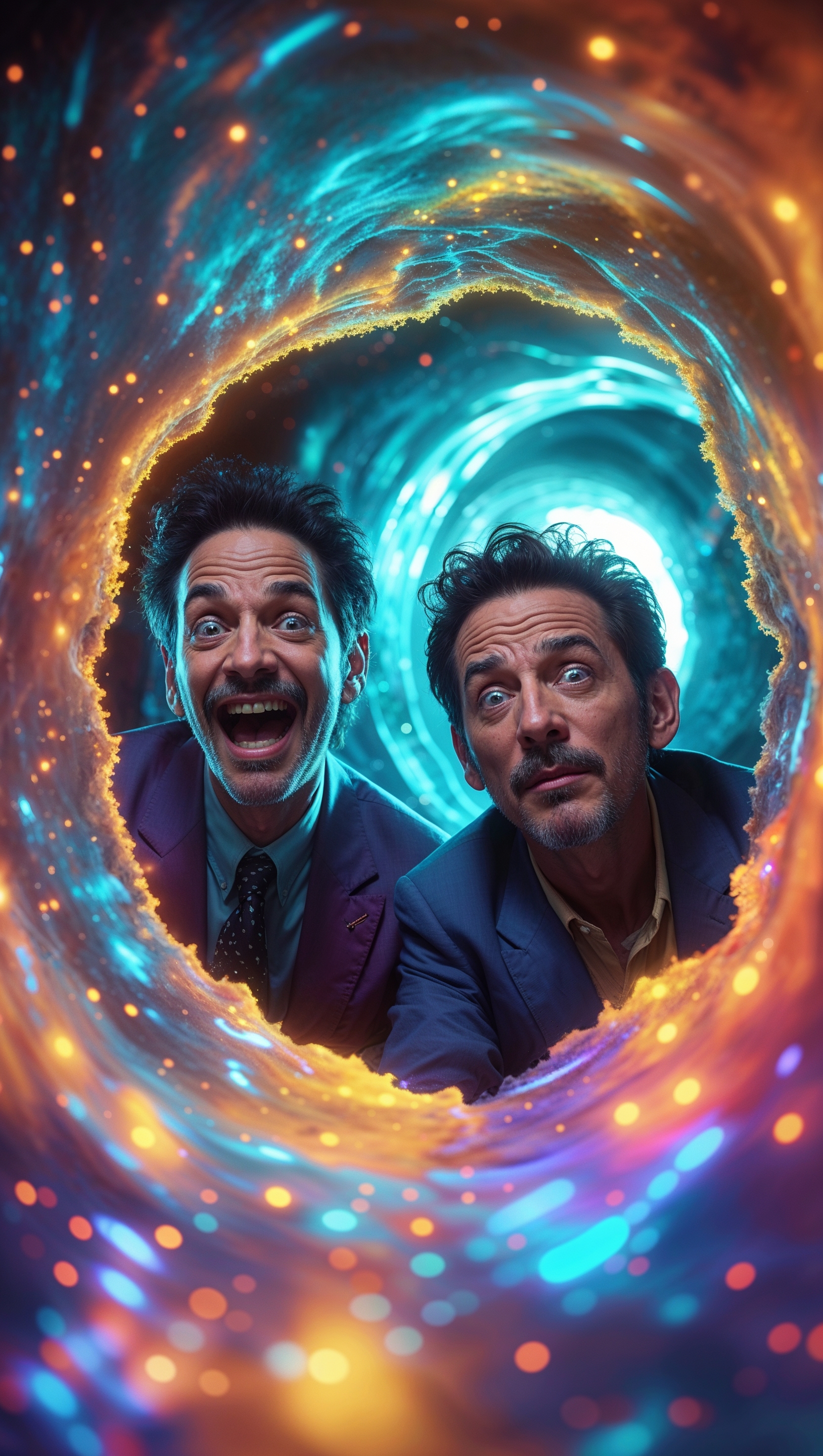Rick and Morty traveling through galaxies with glowing colors