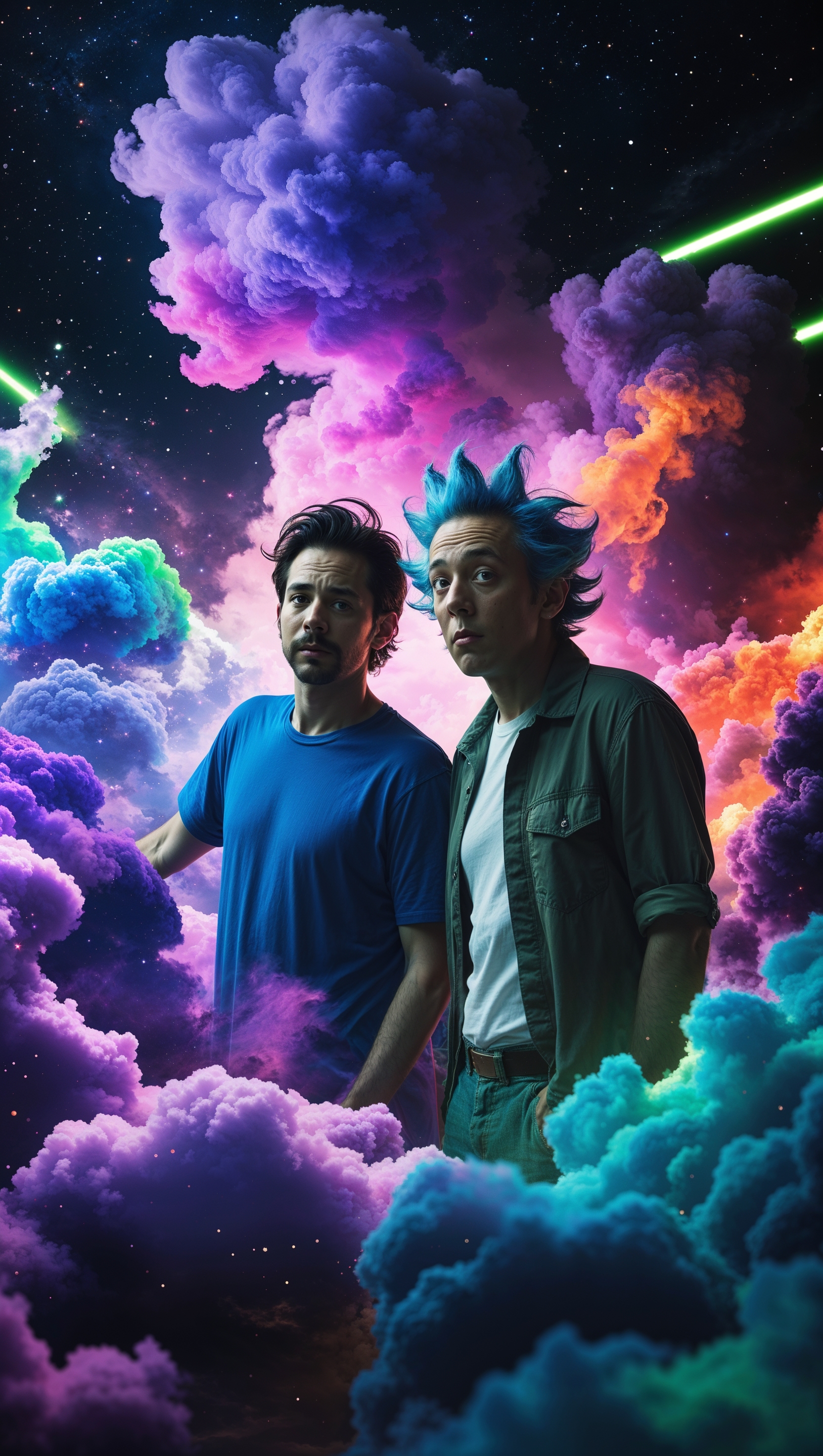 Rick and Morty wallpaper 4K iPhone, with a galactic background and neon colors