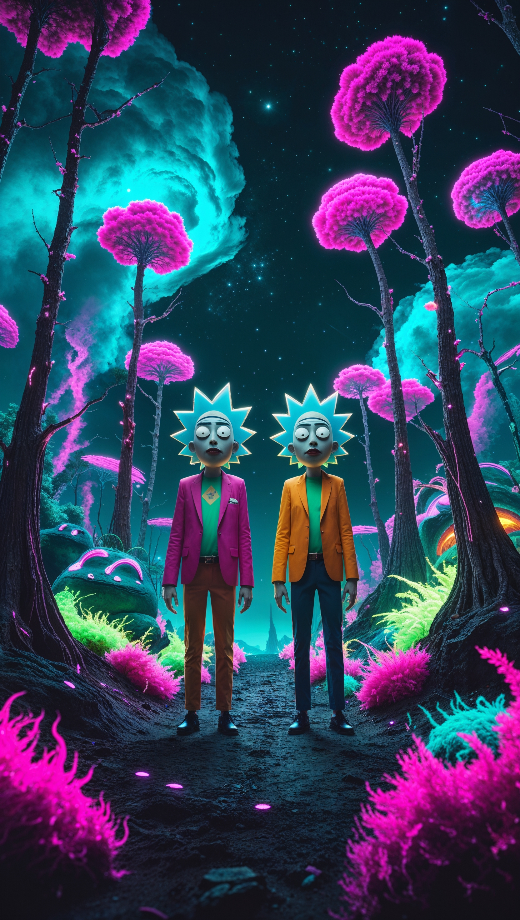 Rick and Morty in a parallel universe with strange creatures, 4K wallpaper
