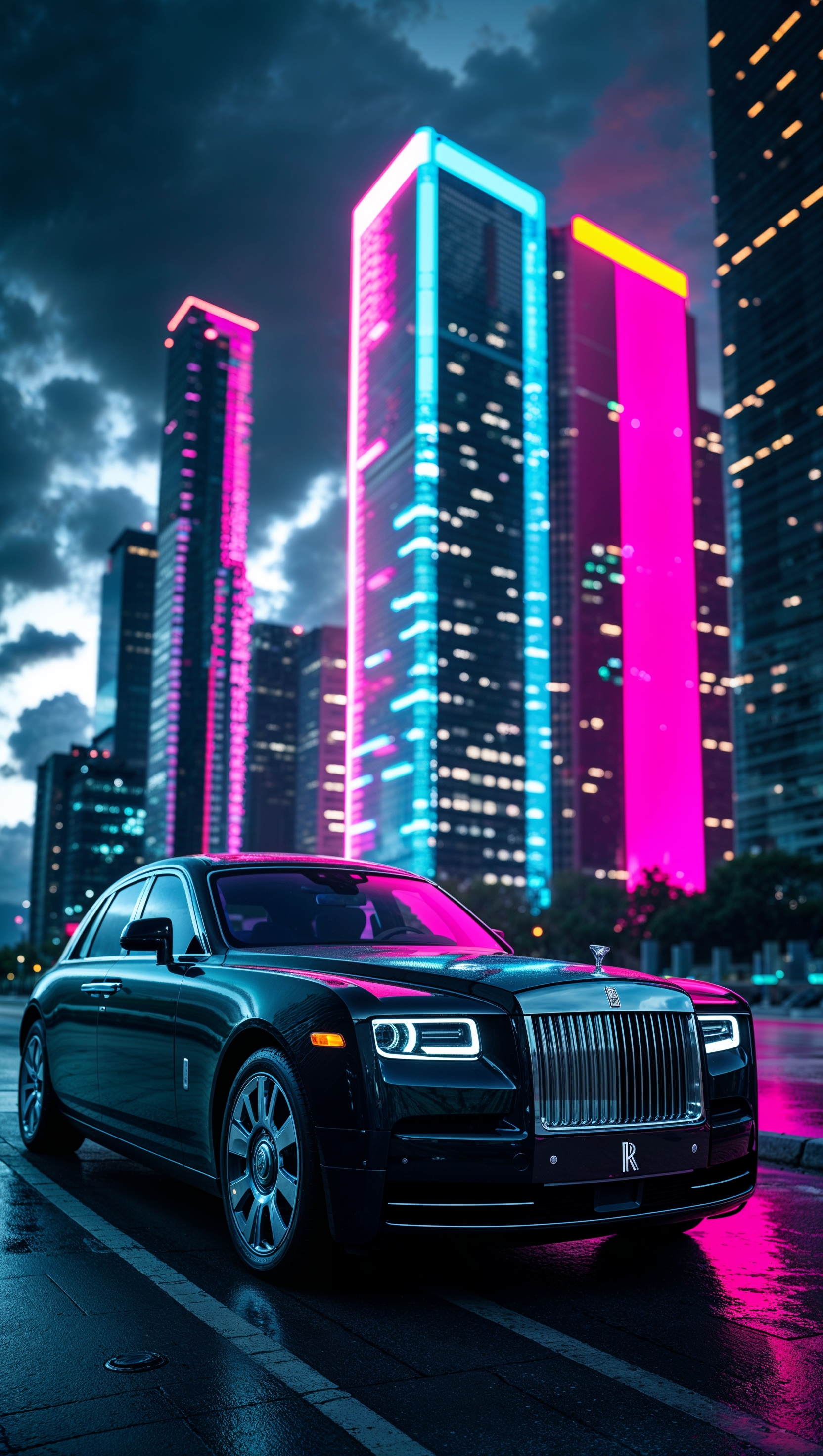 Rolls-Royce next to modern skyscrapers with neon lights