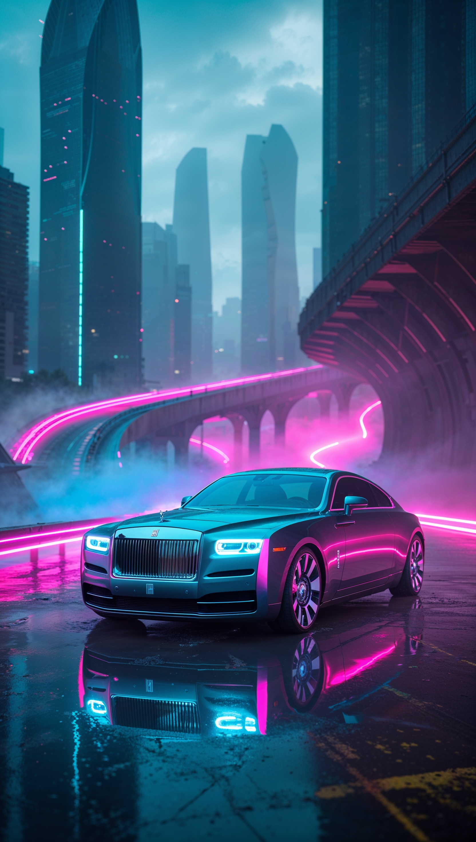 Futuristic cyberpunk-style Rolls-Royce in a neon-lit world