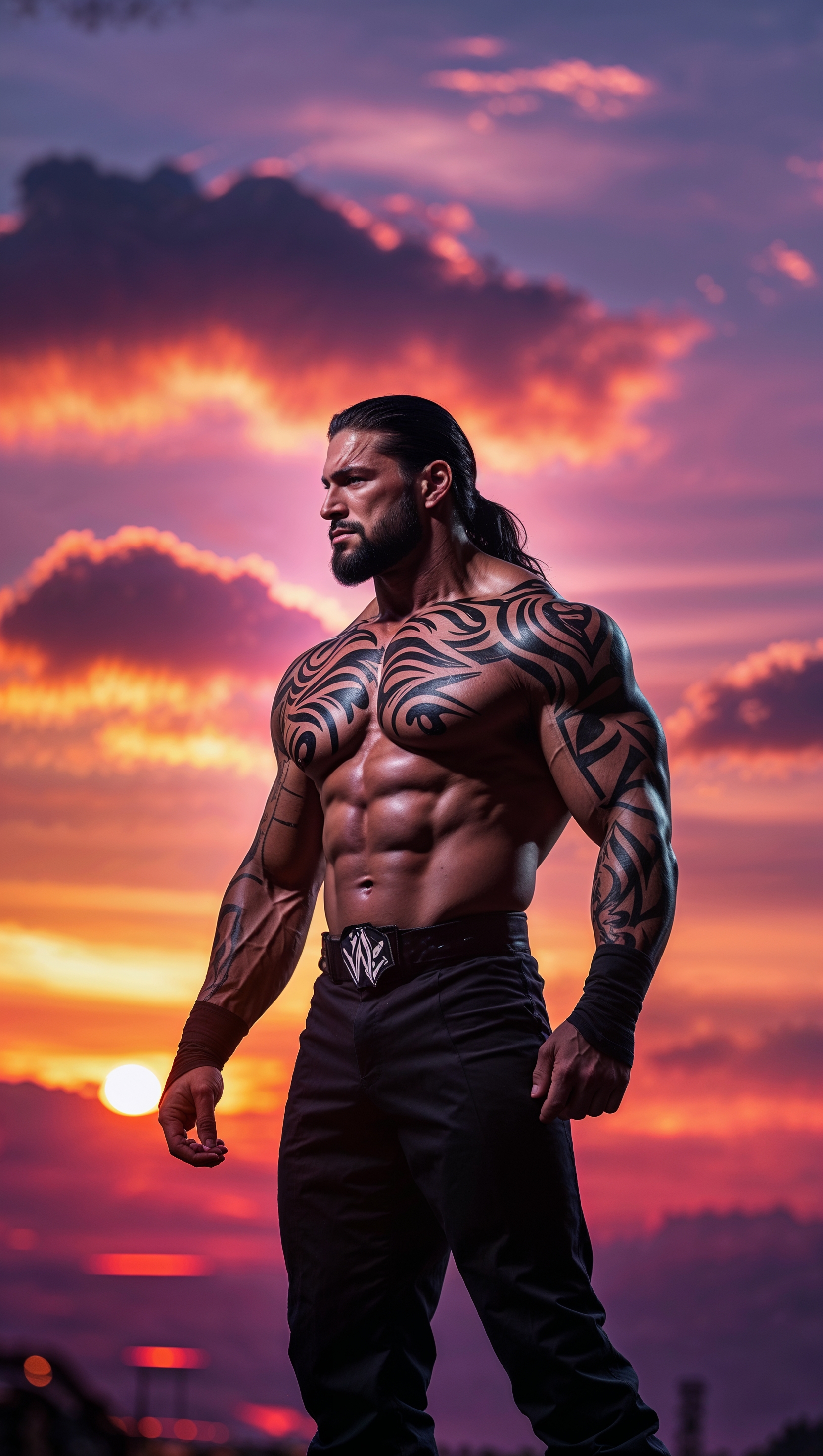 Silhouette of Roman Reigns with a sunset background
