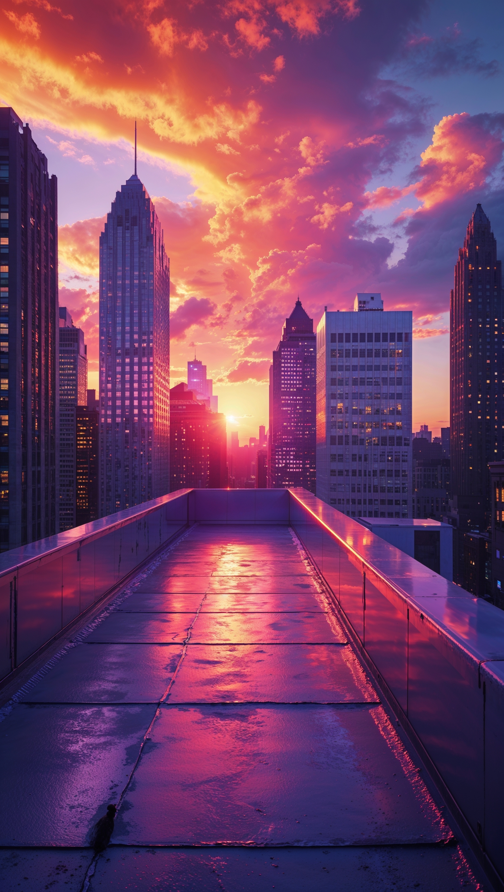 A city rooftop in September with a sunset sky and illuminated buildings